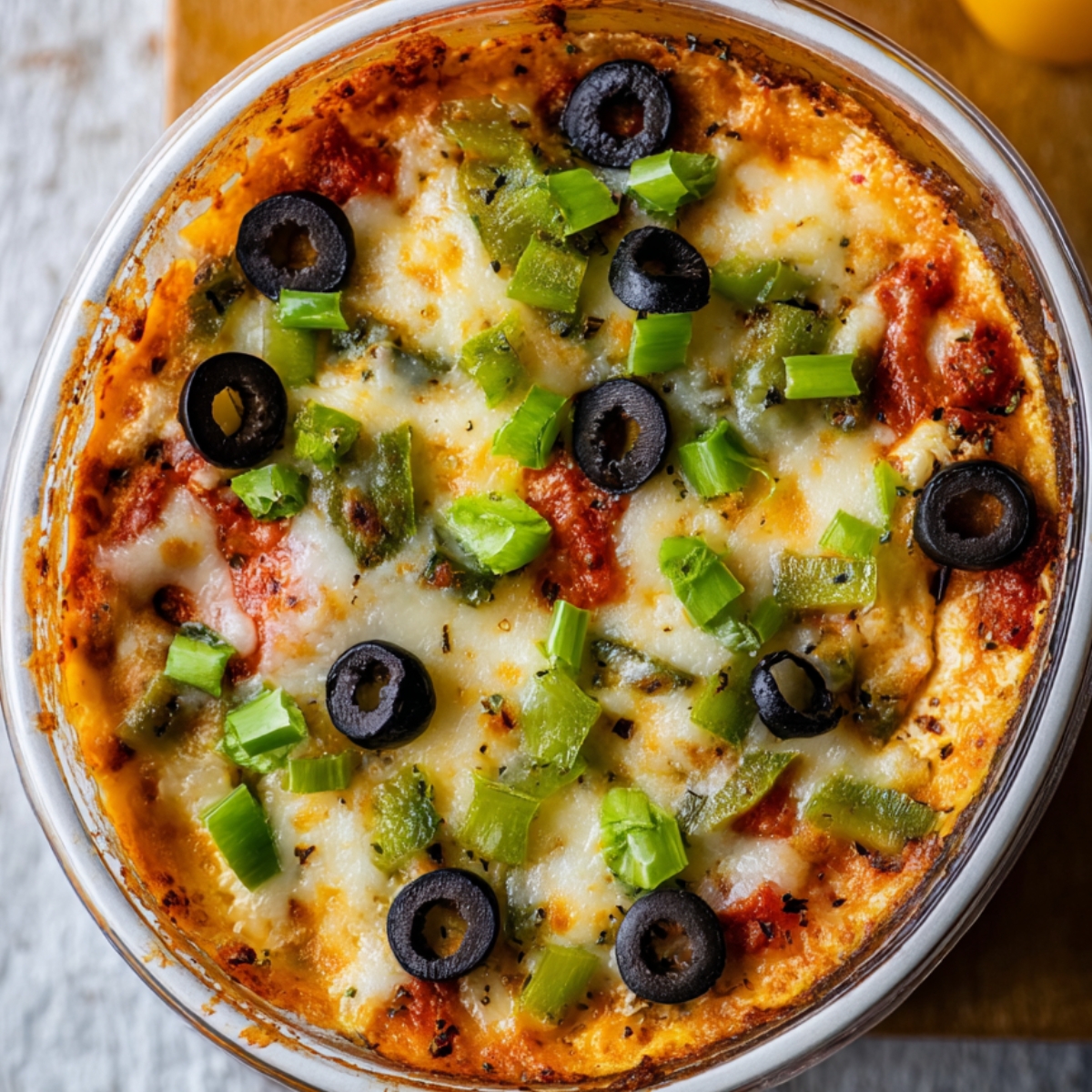 Baked to perfection with melted cheese, black olives, and green peppers, this cottage cheese pizza dip is a healthy twist on a classic favorite!