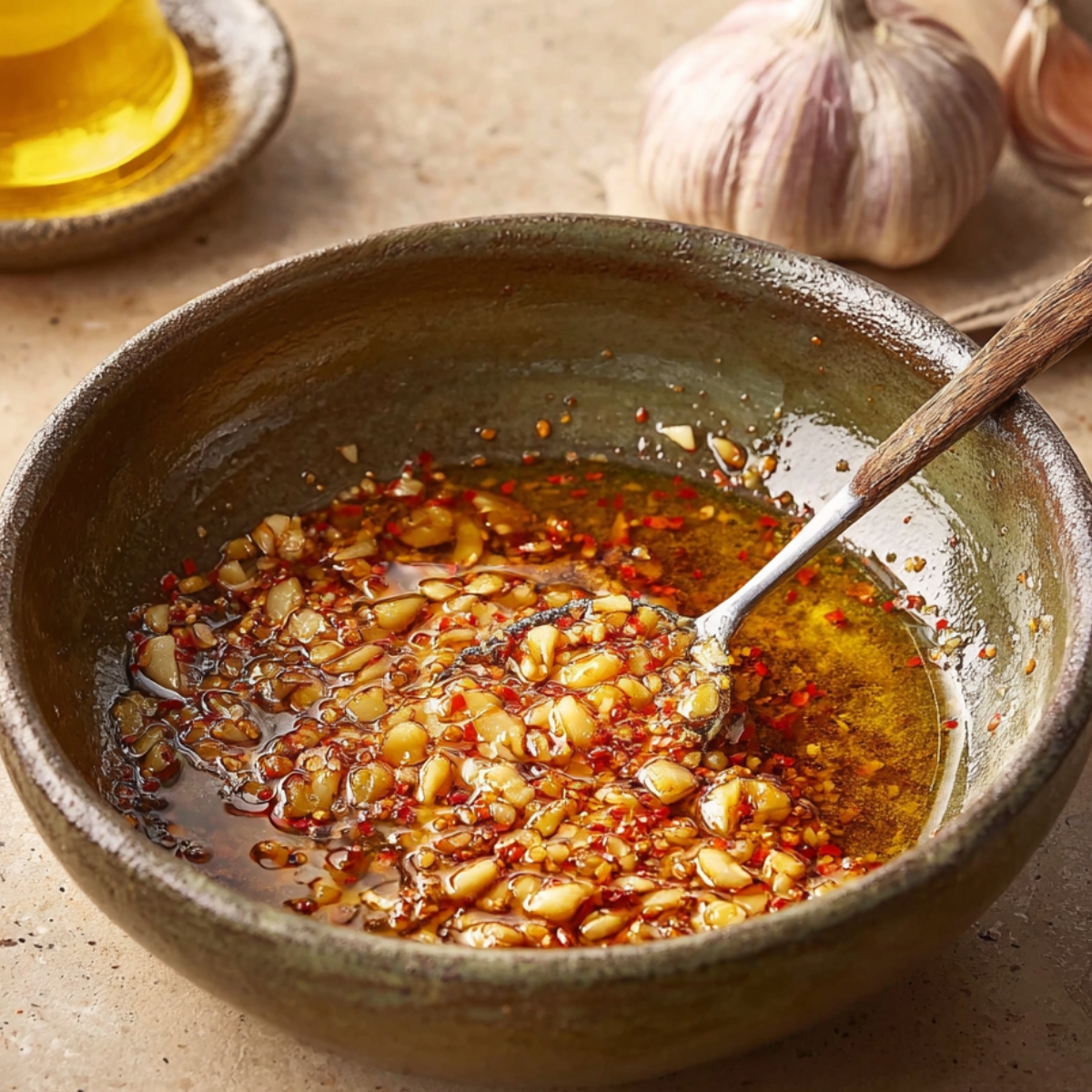 Transform your dish with this aromatic garlic and oil blend. This step creates a savory foundation for your Cowboy Chicken Pasta, bringing bold flavors to life.