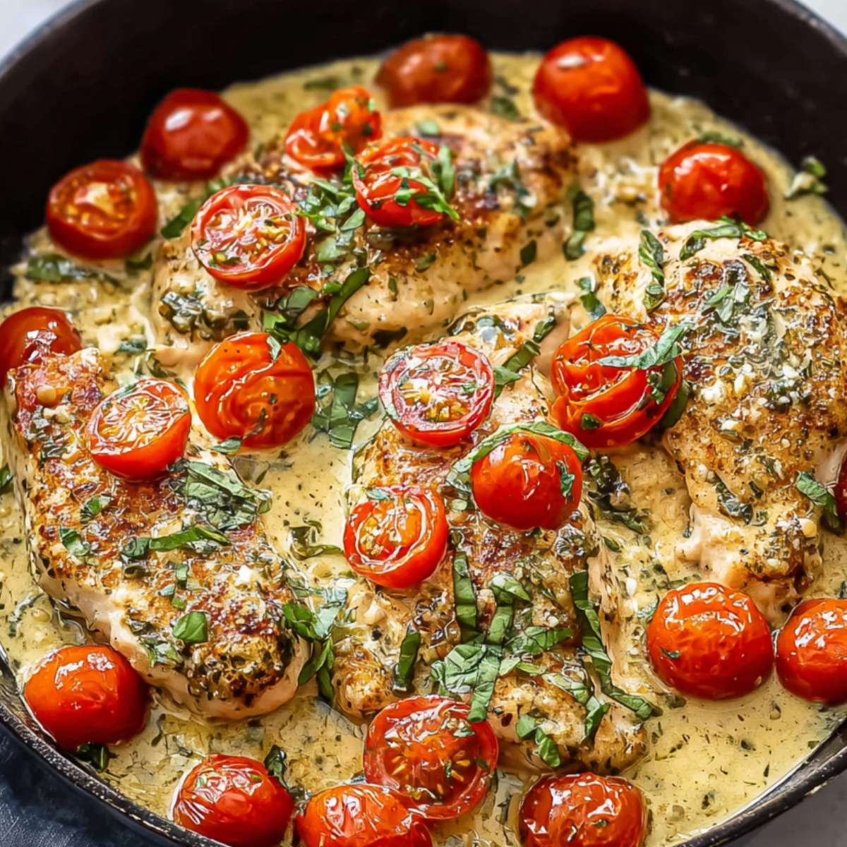 Delicious creamy pesto chicken with roasted tomatoes and fresh basil – a flavorful dish for any dinner table