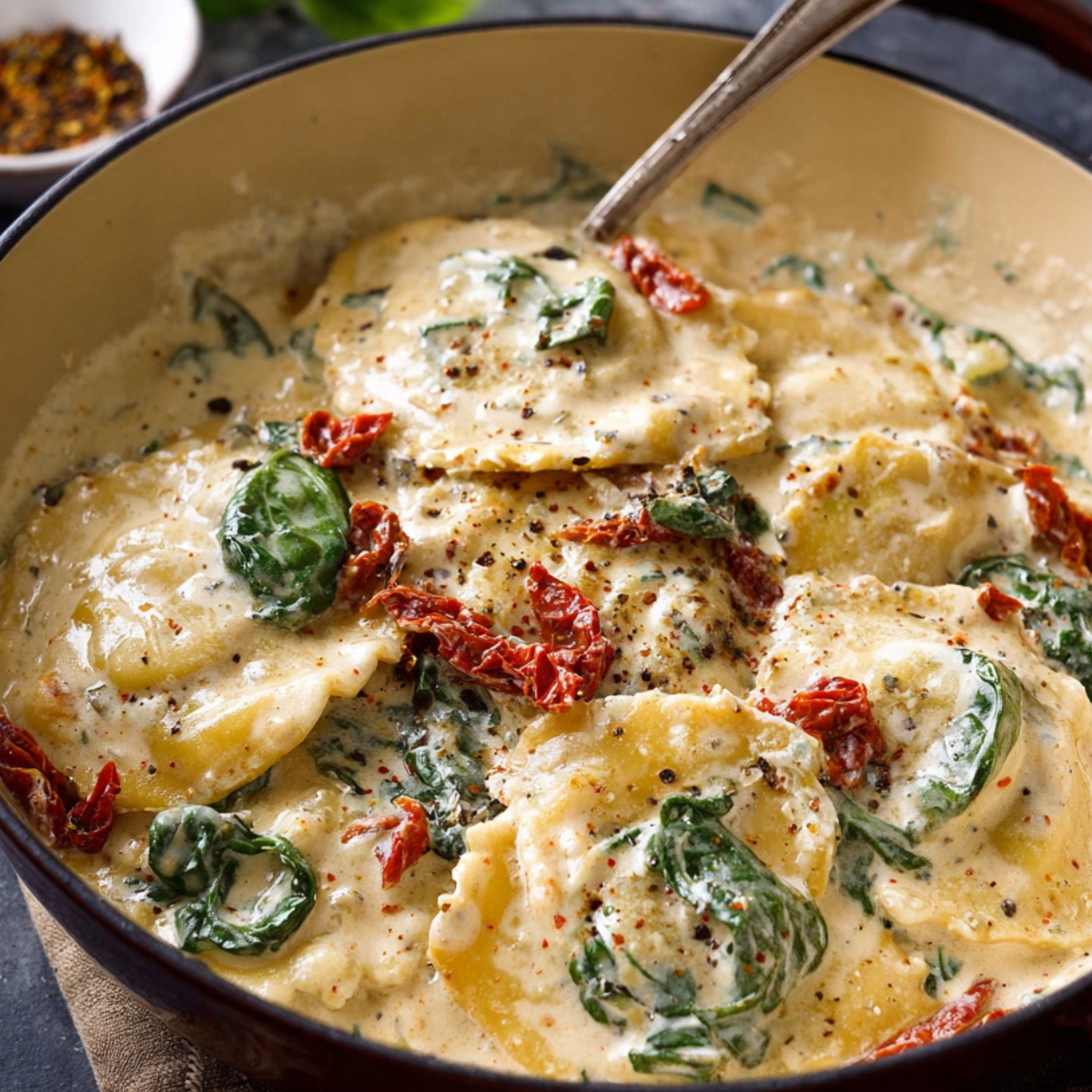 Creamy Tuscan ravioli cooking in a skillet, tossed in a rich garlic cream sauce with spinach, sun-dried tomatoes, and cracked black pepper.