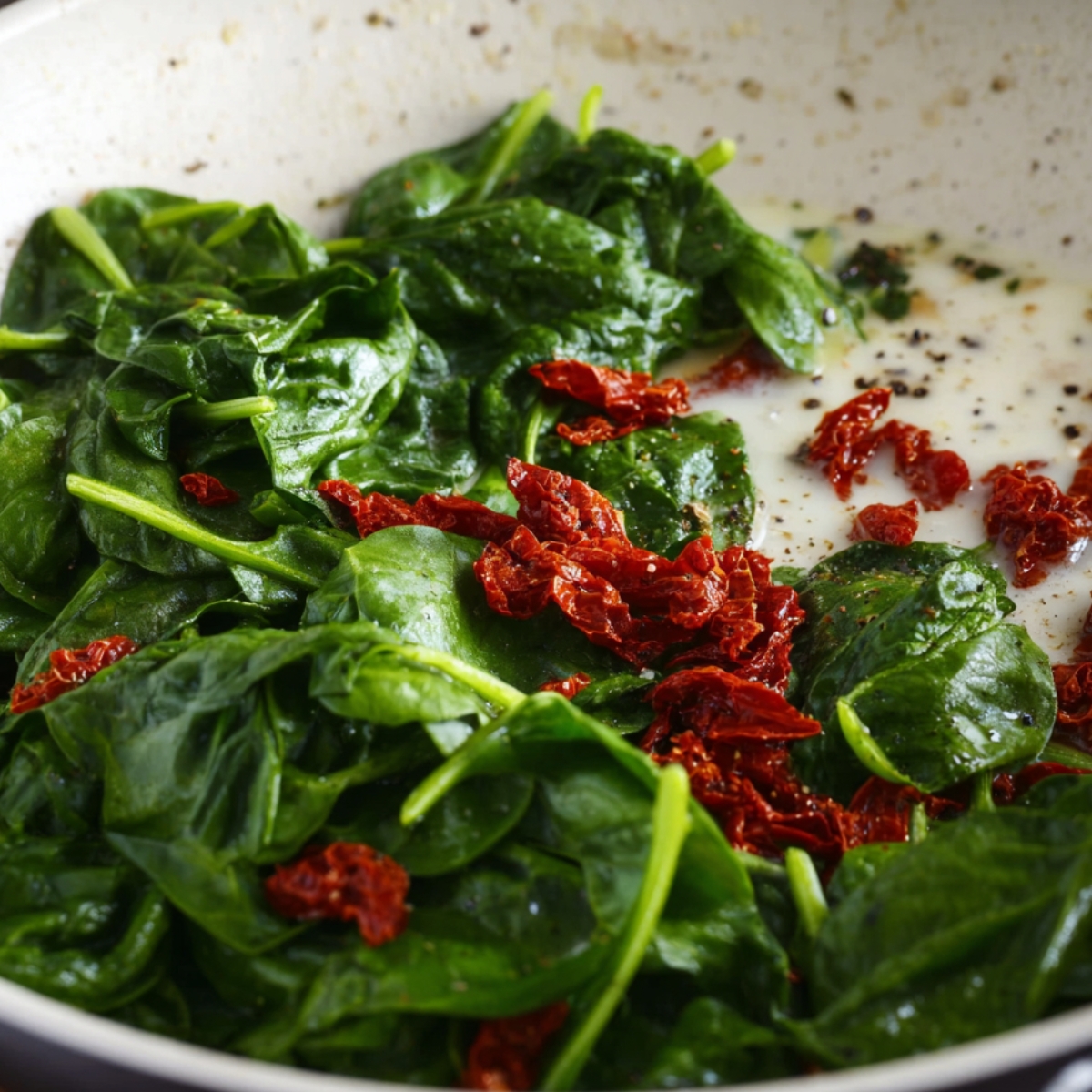 Fresh spinach and chopped sun-dried tomatoes sautéing in a skillet with garlic, black pepper, and olive oil for creamy Tuscan ravioli sauce.