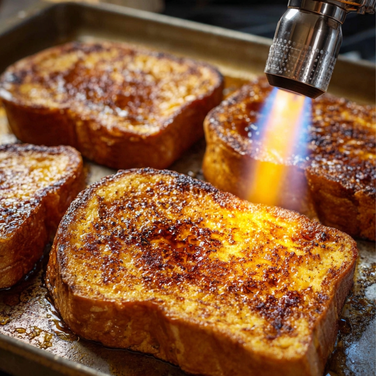Crème brûlée French toast on a baking tray as a kitchen torch caramelizes the sugar topping until golden and glossy.