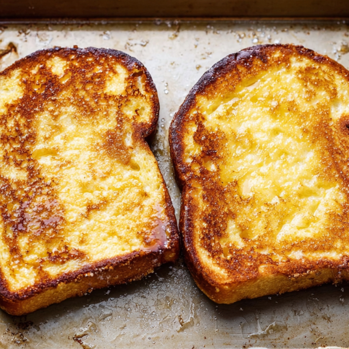 Two slices of golden-brown French toast cooking on a metal baking sheet, lightly caramelized with crisp edges.