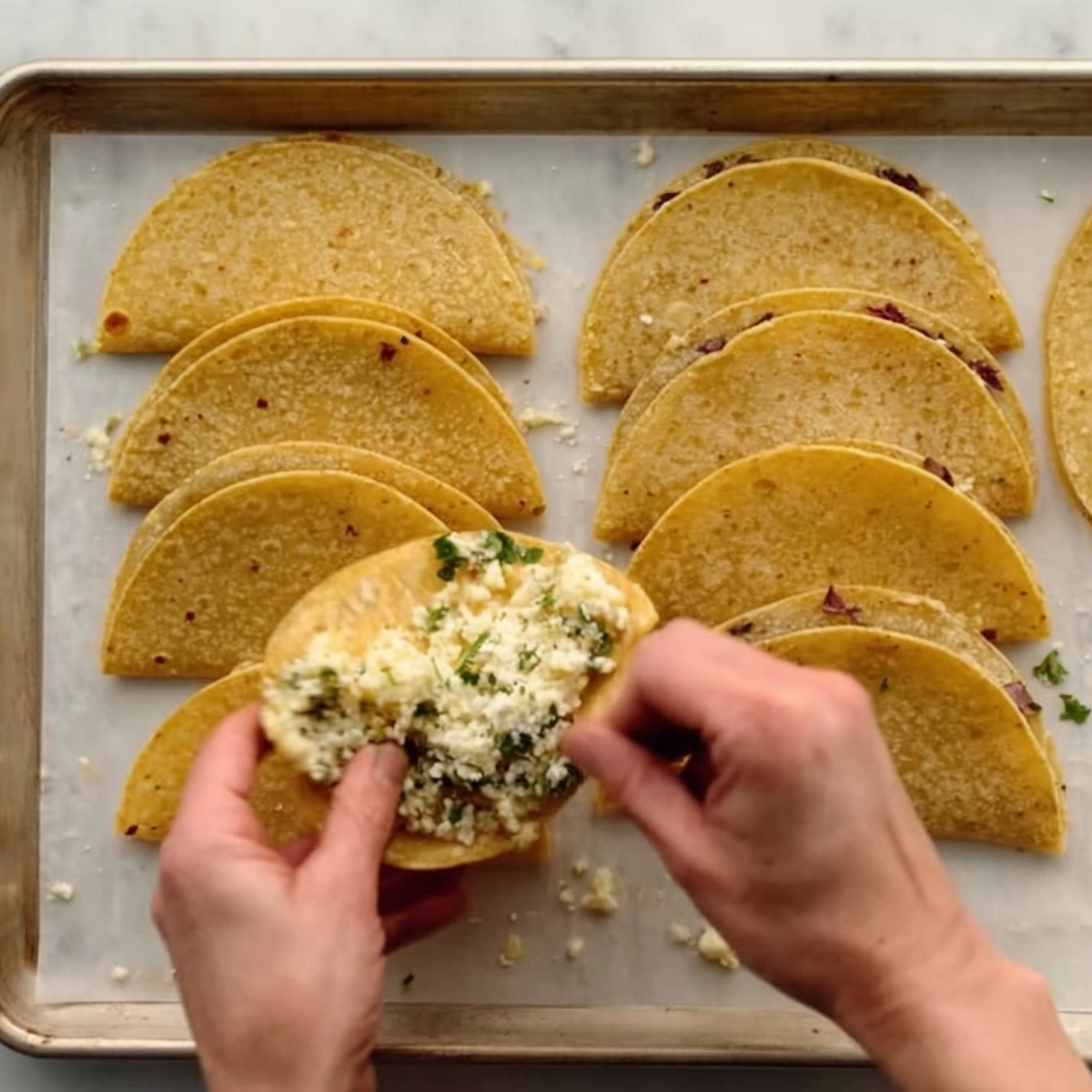 Overhead view of hands filling fried corn tortillas with mashed potato mixture on a parchment-lined baking sheet.