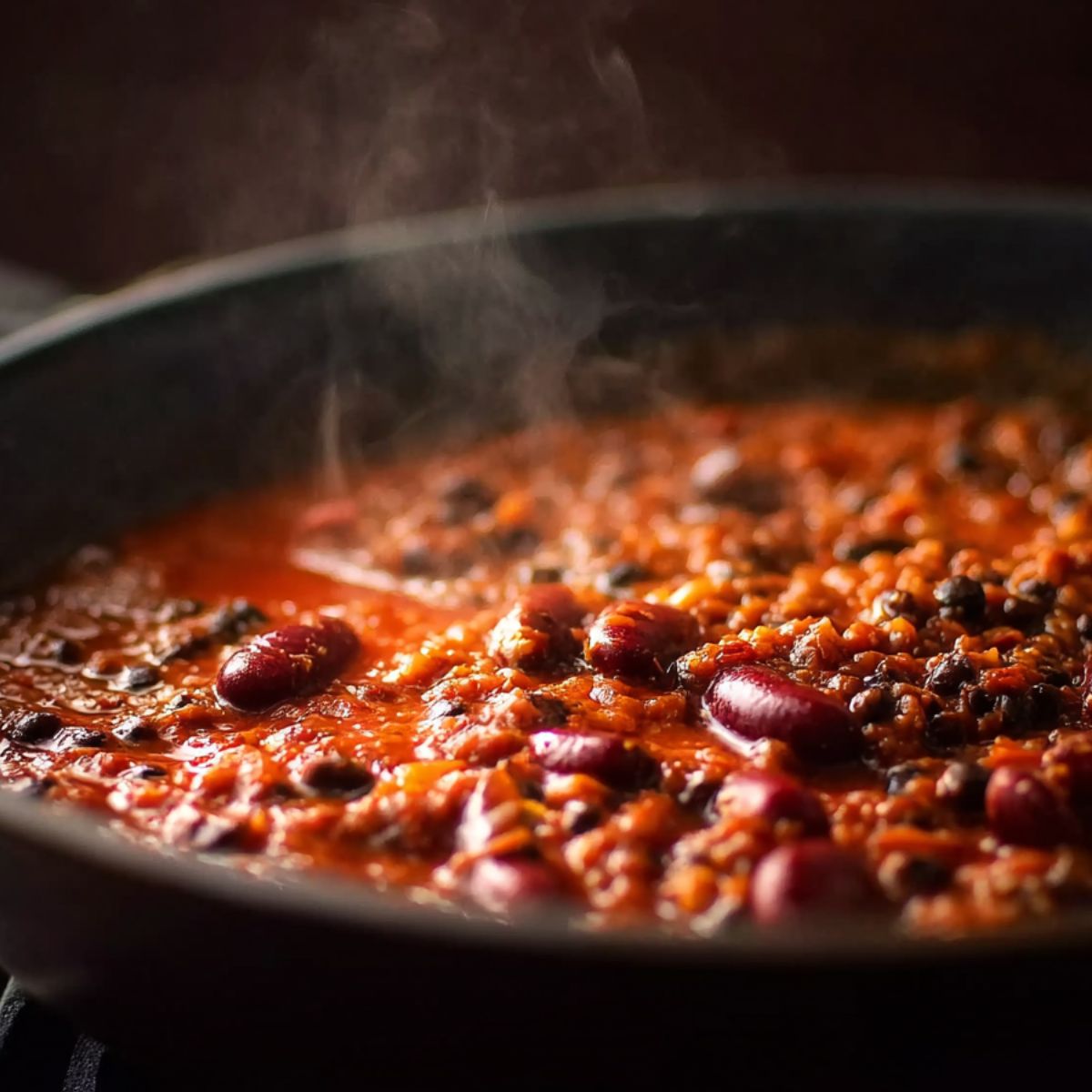 Dal makhani simmering in a deep pan with black lentils and red kidney beans in rich tomato gravy, steam rising during slow cooking.