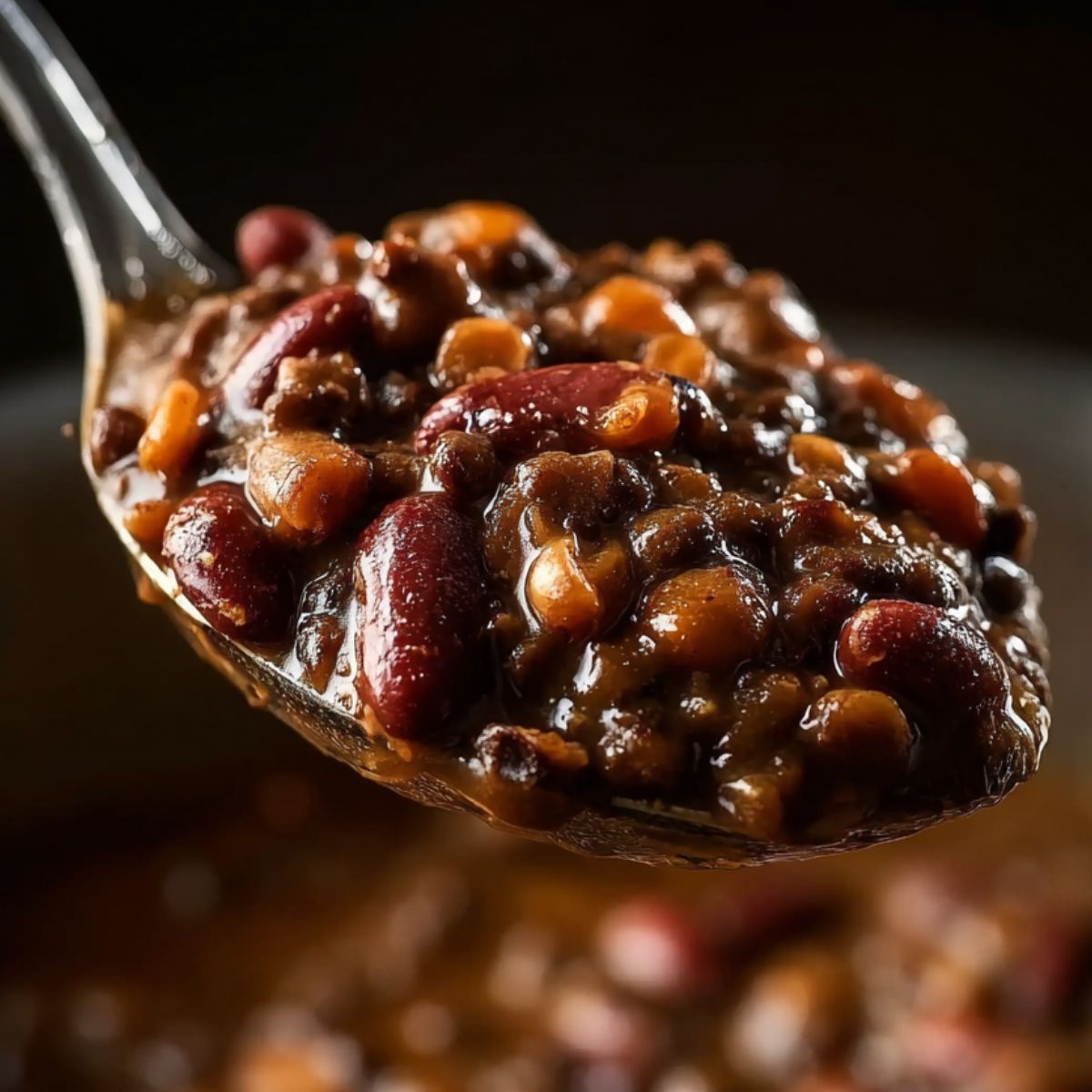 Close-up of dal makhani on a spoon with whole black lentils and kidney beans coated in thick, creamy gravy.