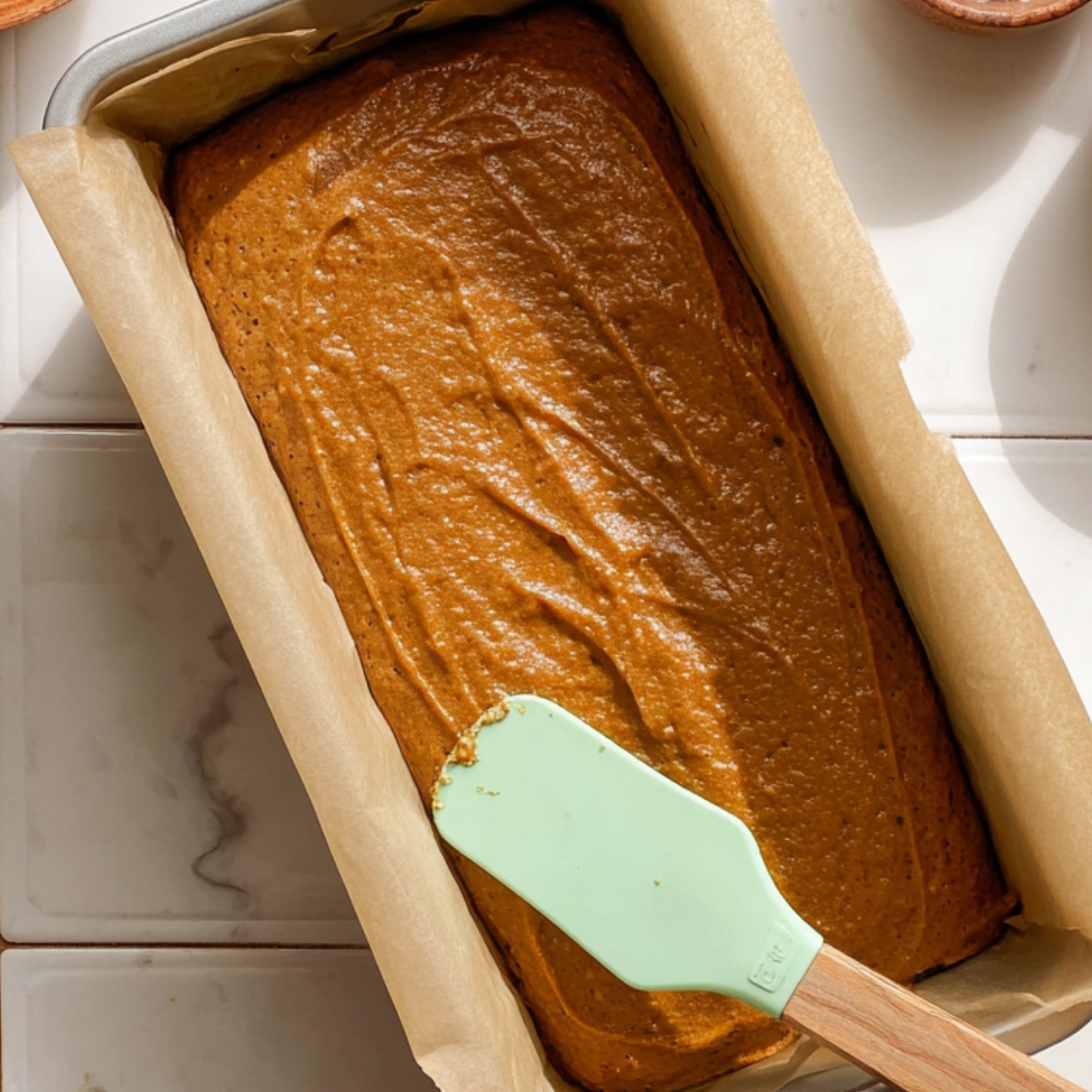 Parchment-lined loaf pan filled with smooth date caramel mixture, spread evenly with a mint-green spatula on a tiled countertop.