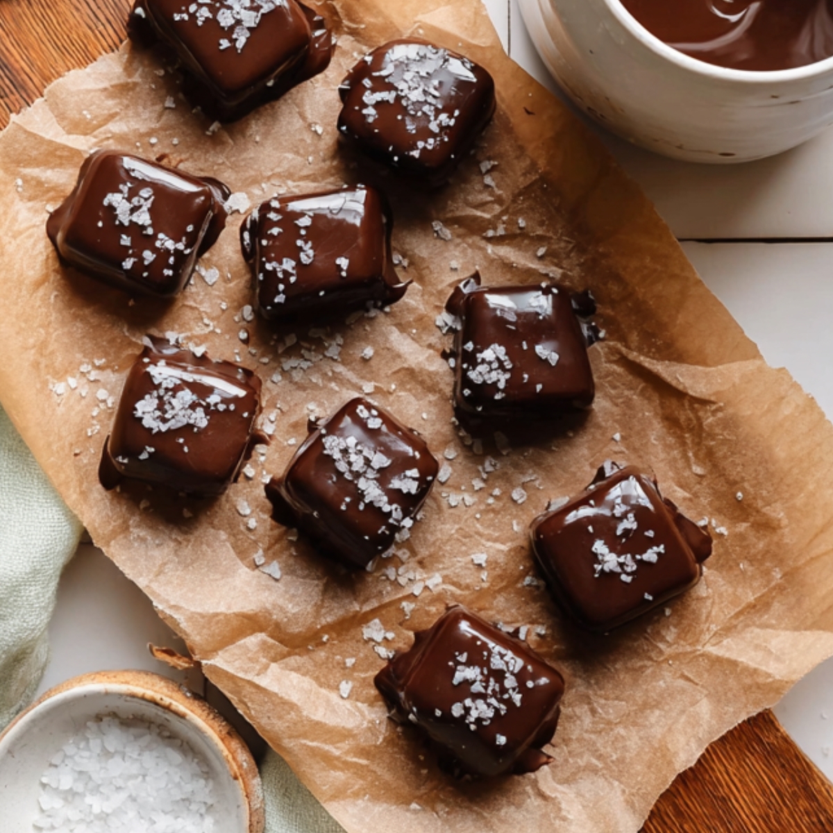 Overhead view of chocolate-covered date caramels sprinkled with flaky sea salt arranged on parchment paper beside a bowl of melted chocolate.