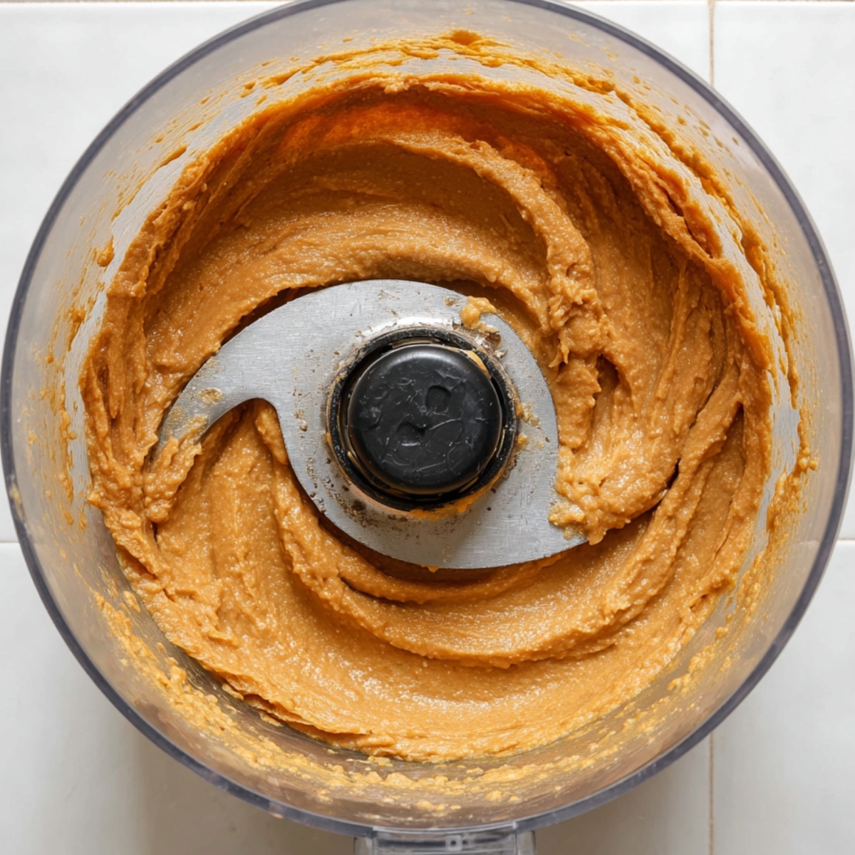 Top-down view of a food processor bowl filled with blended date caramel, showing a thick, smooth paste around the blade.