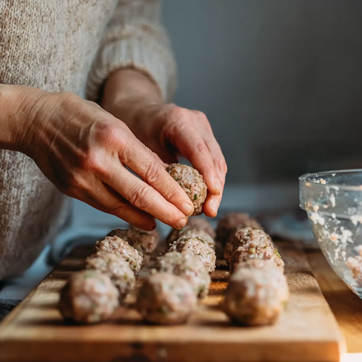Hands shaping raw seasoned meatballs on a wooden cutting board beside a glass bowl of meat mixture in a home kitchen.