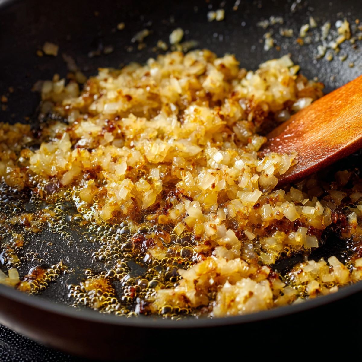 Finely chopped onions sautéing until golden brown in oil with a wooden spatula in a black pan.