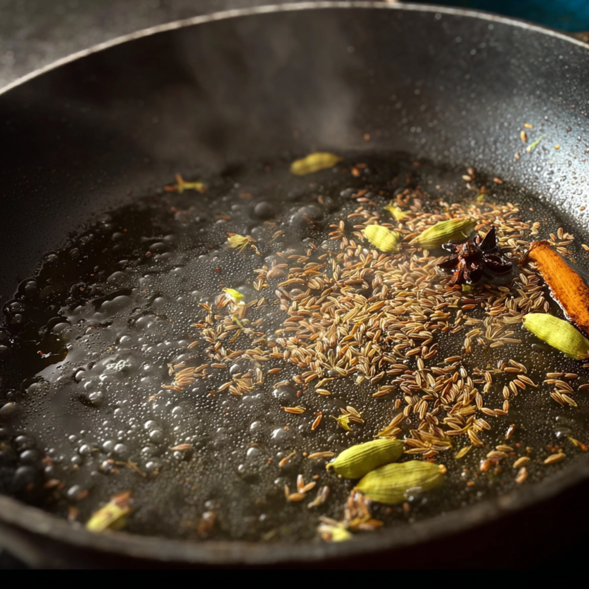 Whole spices including cumin seeds, green cardamom pods, star anise, and cinnamon blooming in hot oil in a black pan during Indian cooking.