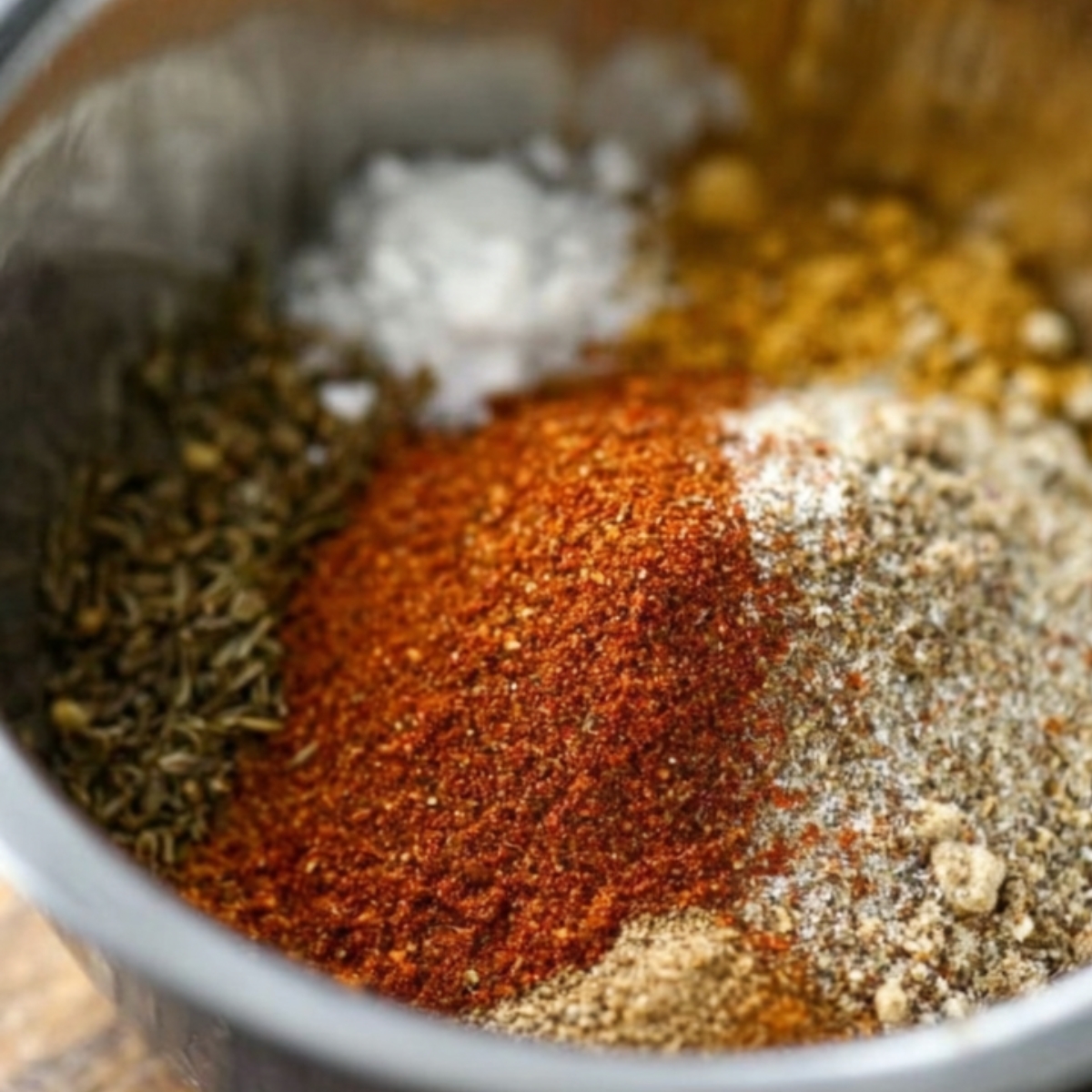 Spices in a Bowl: This image shows a close-up of a variety of ground spices, including paprika, cumin, black pepper, and salt. These spices are often used in flavorful dishes, possibly as part of a seasoning mix for roasted potatoes or other savory recipes.