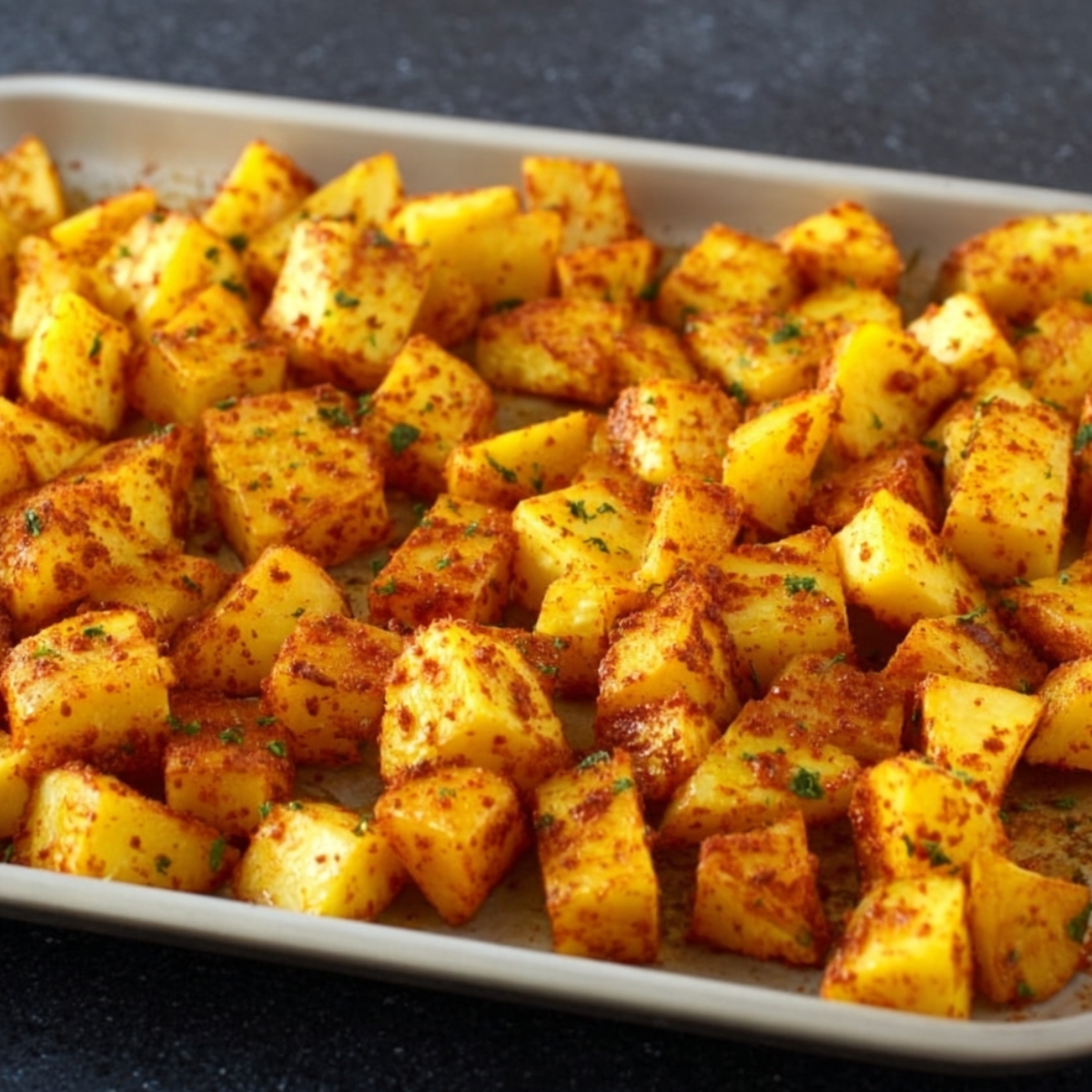 Mexican Roasted Potatoes on a Baking Tray: Another view of roasted potatoes, this time laid out on a baking tray, likely just out of the oven. The potatoes are crispy and sprinkled with vibrant seasoning, with some fresh green herbs added for color and extra flavor.