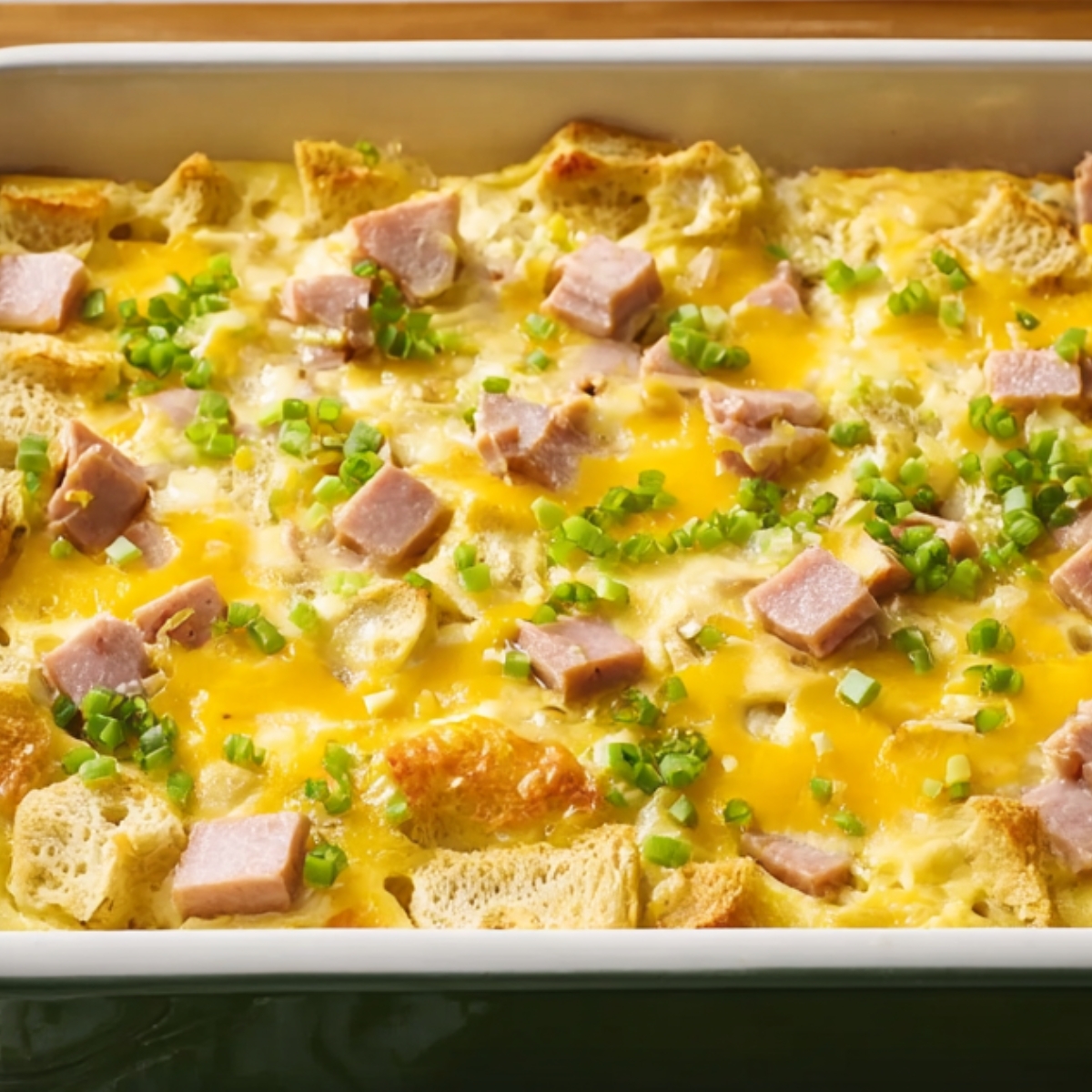 A fully baked casserole with cubed bread, ham, and melted cheese on top, garnished with chopped green onions, ready to be served.