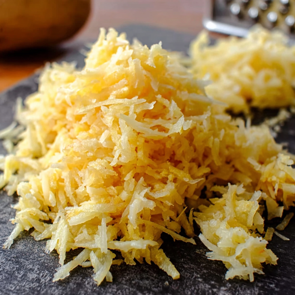 Freshly grated potatoes piled on a countertop, ready to be turned into hash browns.