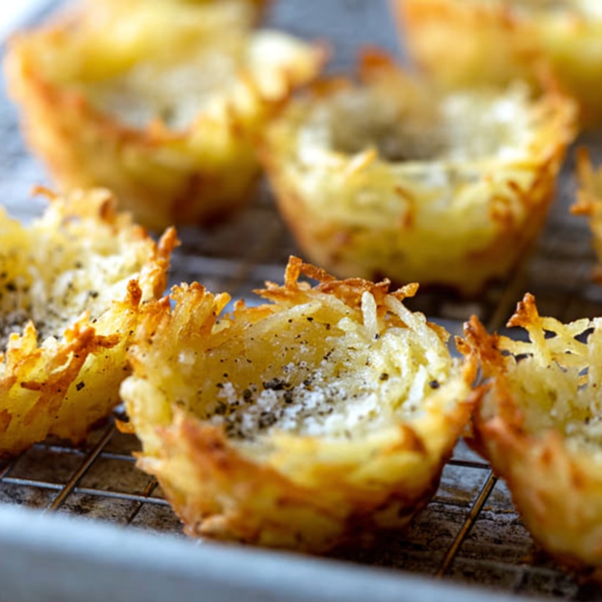 Crispy hash brown cups baked in a muffin tin, golden brown and seasoned with salt and pepper