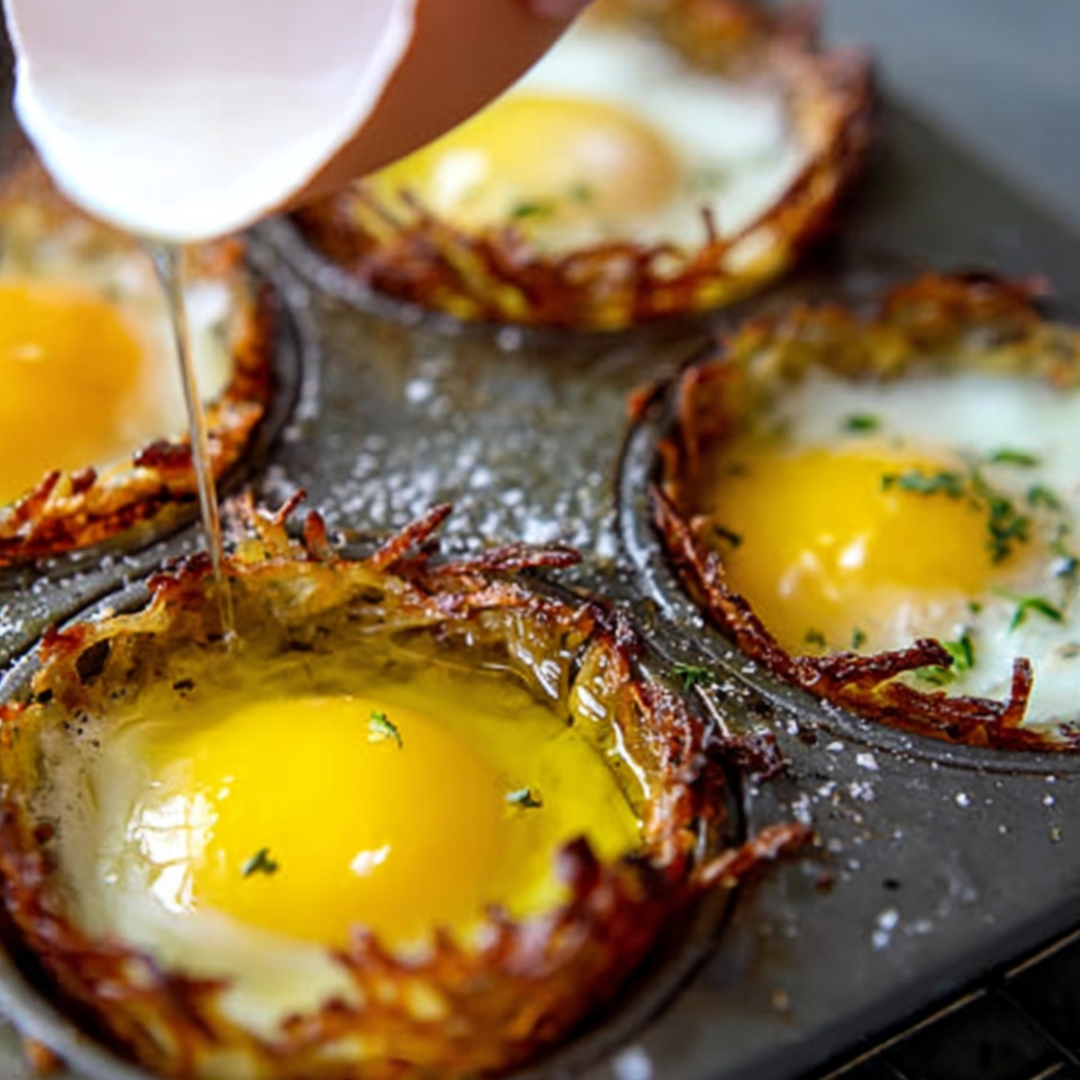 Eggs delicately cracked into crispy hash brown cups in a muffin tin, ready to be baked to perfection
