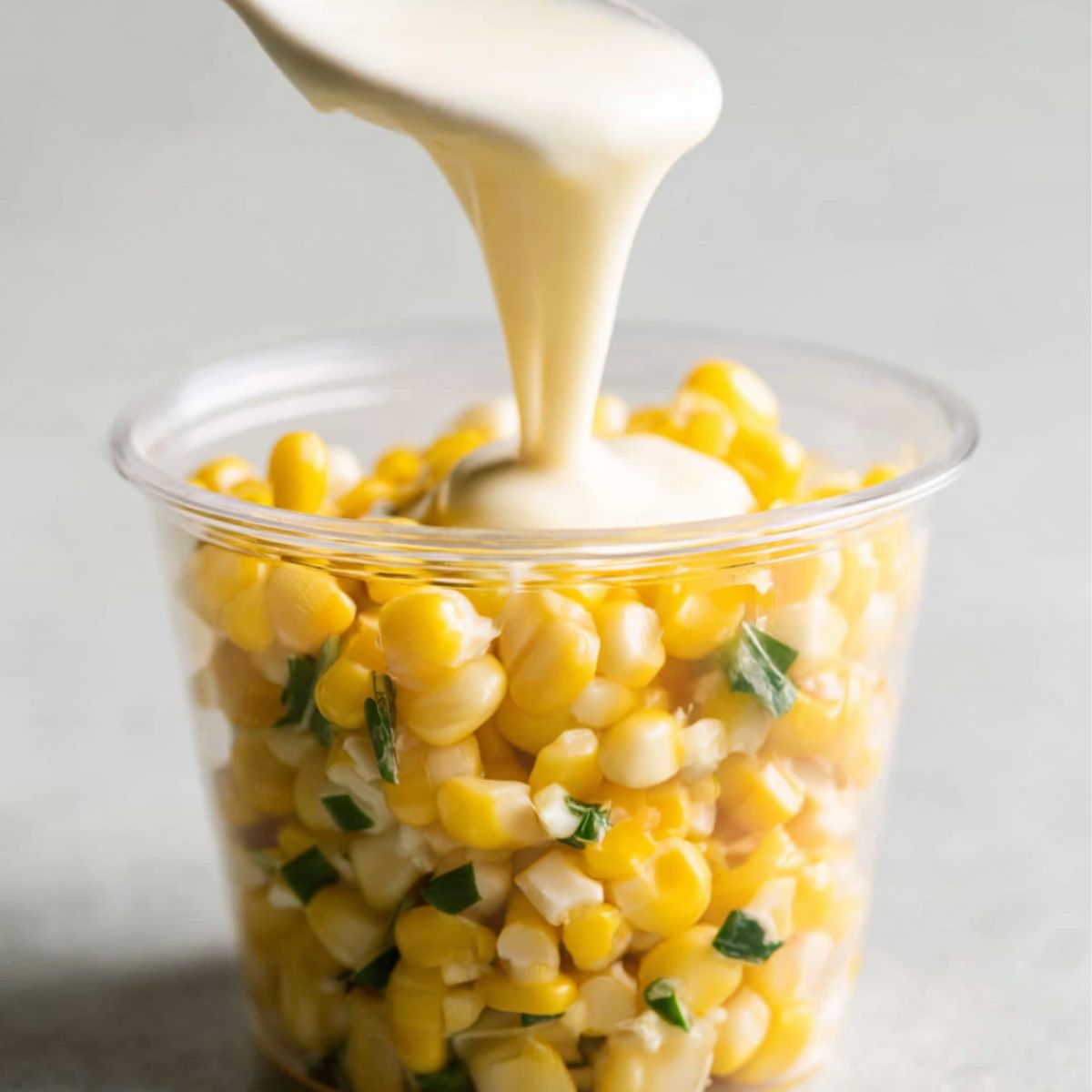 Creamy white sauce being poured over sweet corn kernels in a clear plastic cup, with chopped green herbs and a clean, bright background.