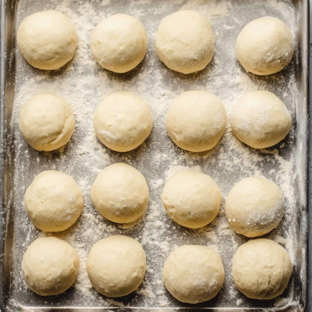 Evenly portioned flour tortilla dough balls resting on a floured metal baking sheet before cooking.