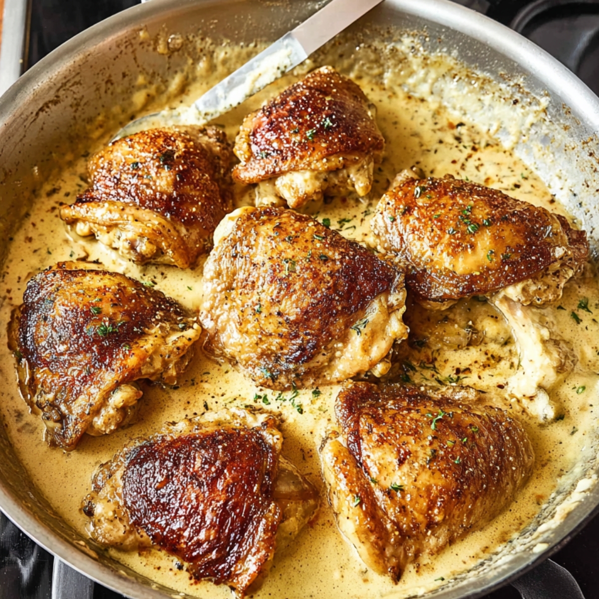 Golden-brown crispy chicken thighs being lifted from a creamy mustard sauce with a spoon, garnished with herbs