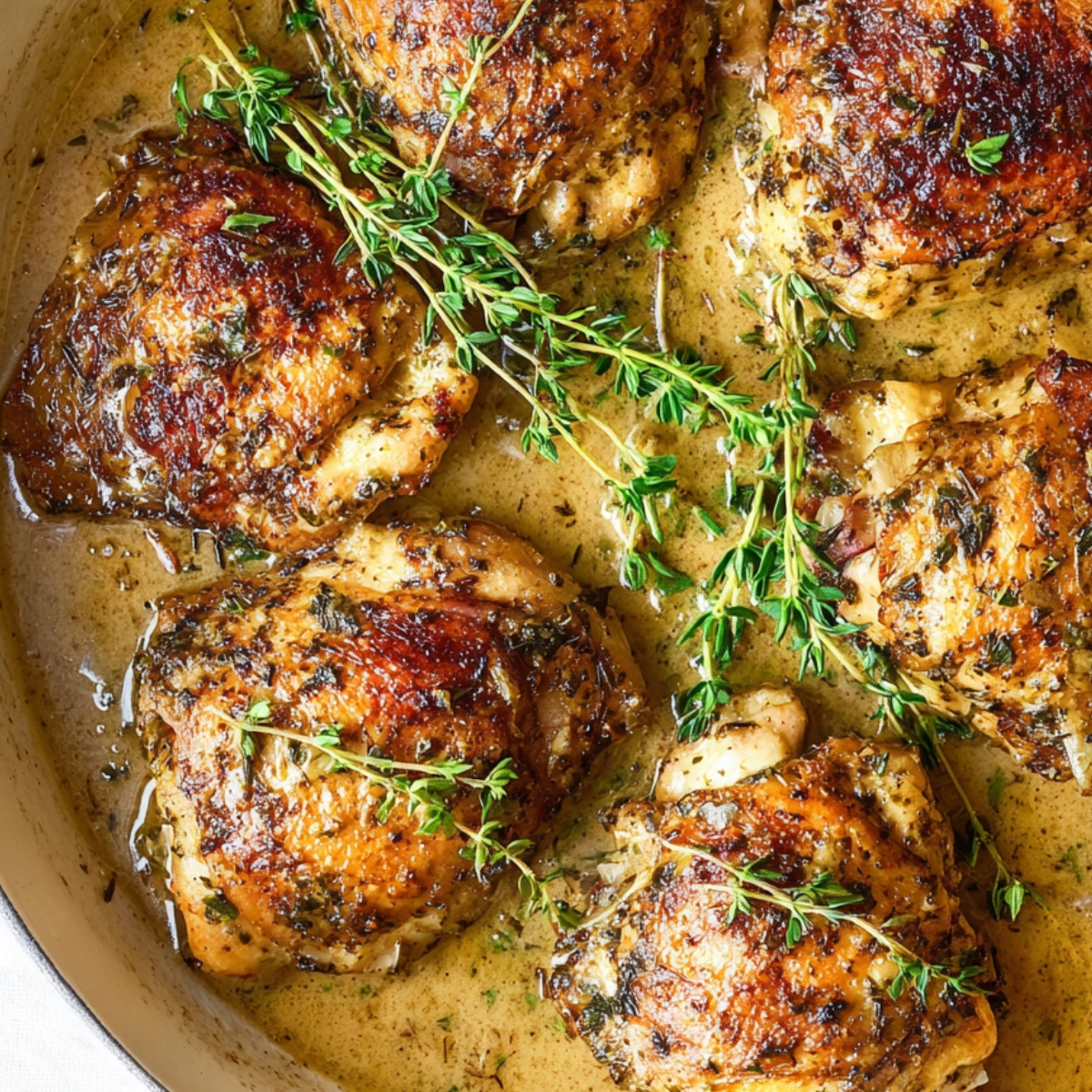 Crispy roasted chicken thighs with fresh thyme sprigs, simmering in a creamy sauce in a pan.