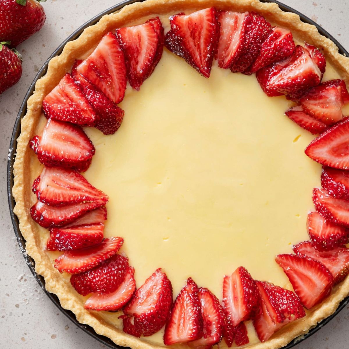Fresh strawberries being sliced and arranged on top of a tart with a creamy custard filling. The tart has a neatly baked golden crust, and the strawberries are placed in a circular pattern for a perfect finish.