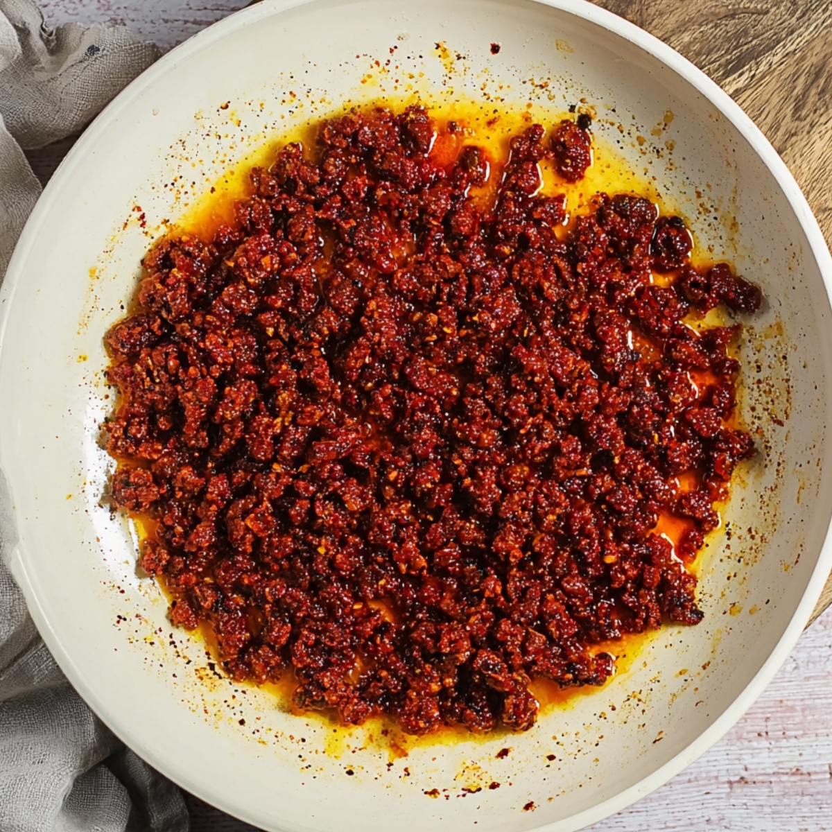 Close-up of sizzling, finely crumbled chorizo in a white skillet, surrounded by vibrant orange-red oil and seasoning. The chorizo is cooked to a crispy texture with a rich, deep color, highlighting the savory, spicy aroma.