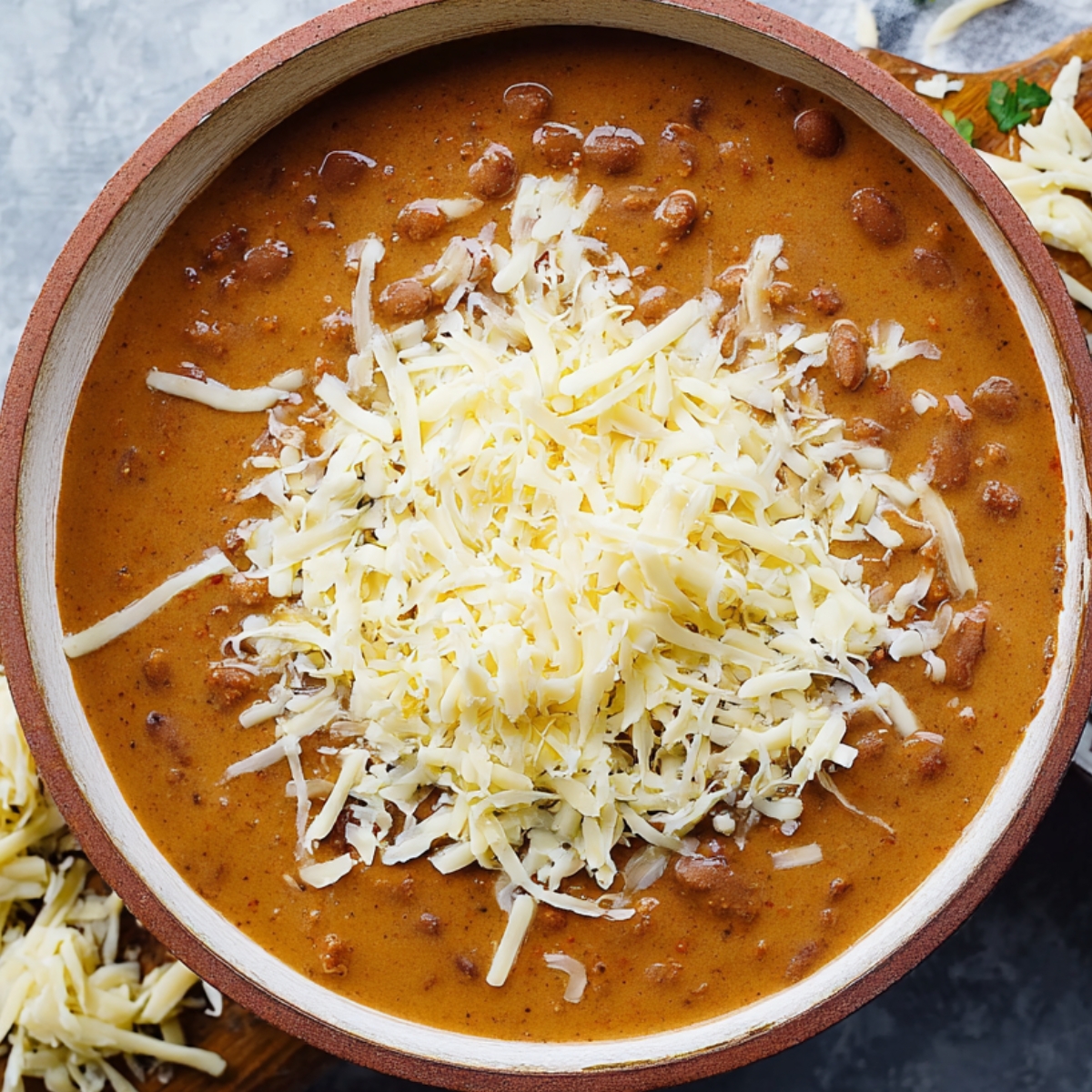 Another variation of frijoles puercos, where cheese is generously sprinkled over the beans in a bowl, allowing it to melt into the savory mix. This variation focuses on the cheese's richness, adding another layer of indulgence.