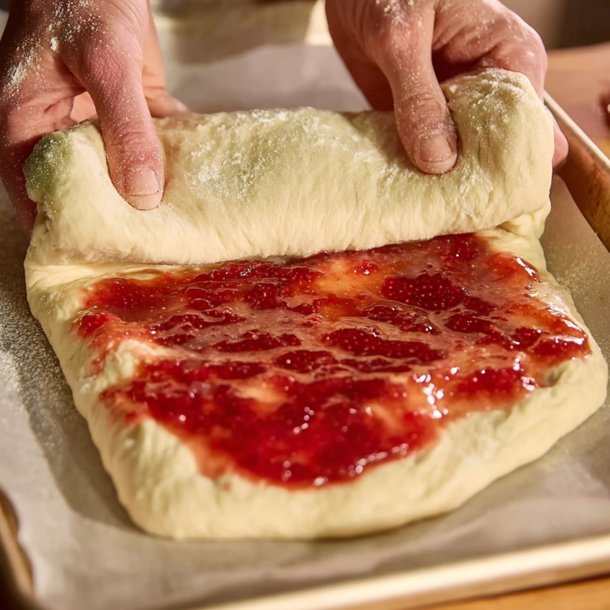 Hands folding soft focaccia dough over a layer of strawberry jam on a parchment-lined baking tray before baking.