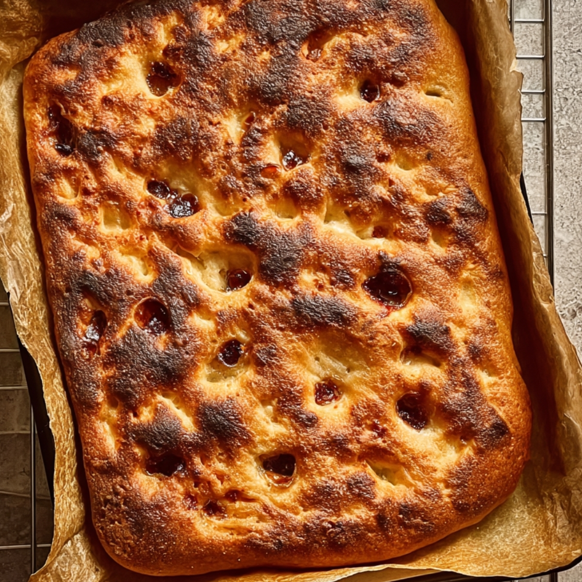 Freshly baked strawberry jam focaccia with a golden, blistered crust resting in a parchment-lined baking pan on a cooling rack.