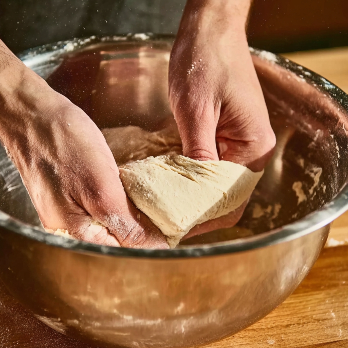 Close-up of hands performing a stretch-and-fold technique on focaccia dough inside a metal mixing bowl.