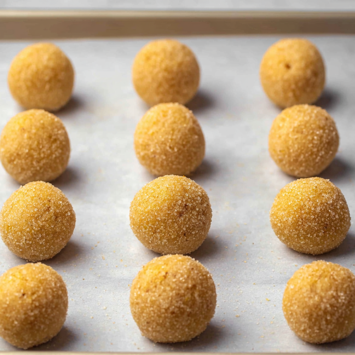 Cookie Dough Balls Ready for the Oven: These perfectly rolled dough balls are about to become golden honey cookies