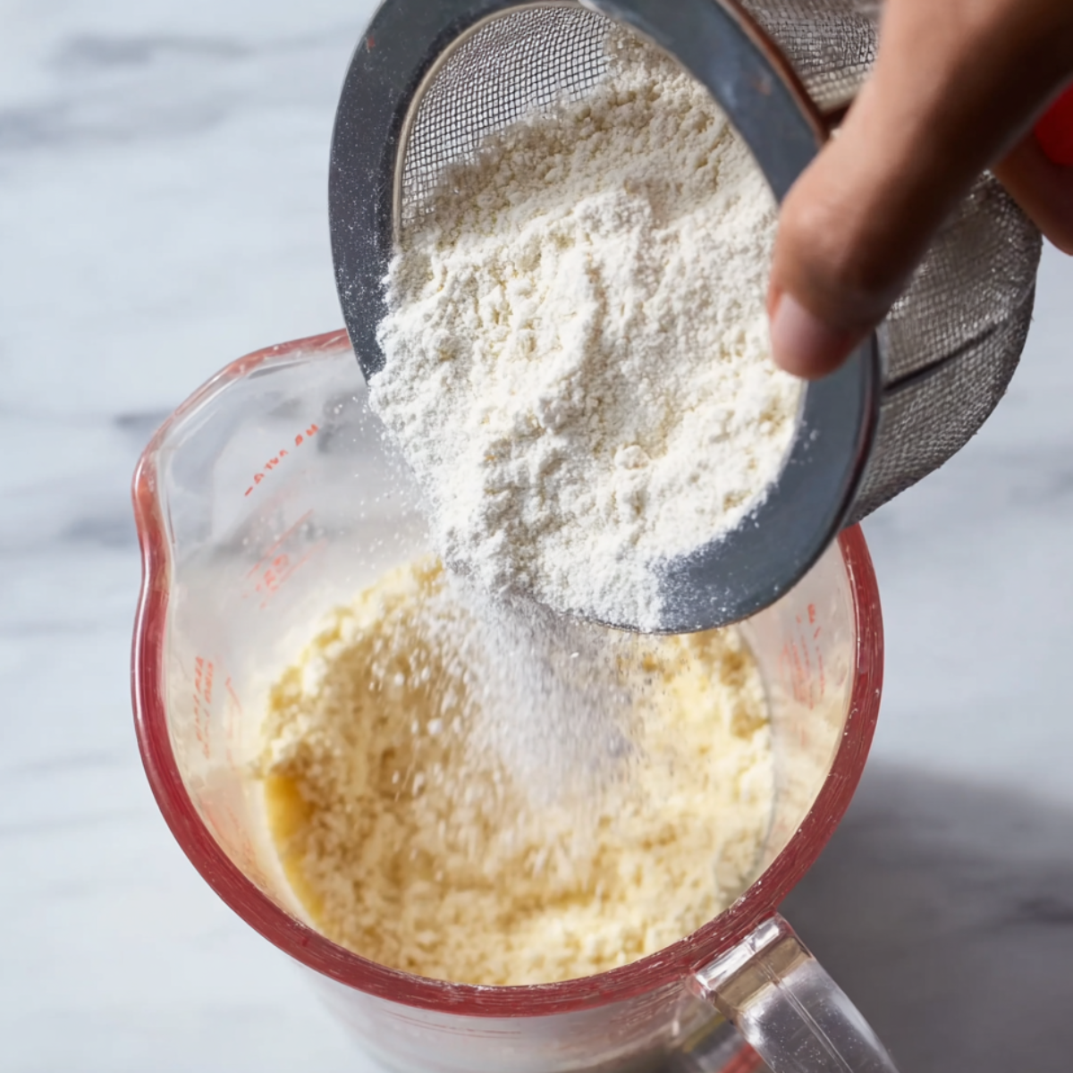 A close-up of a person sifting flour into a glass measuring cup filled with mashed bananas. The flour gently falls from the sifter, creating a light, airy addition to the mixture. The background features a soft marble countertop, emphasizing the smoothness and simplicity of the cooking process."