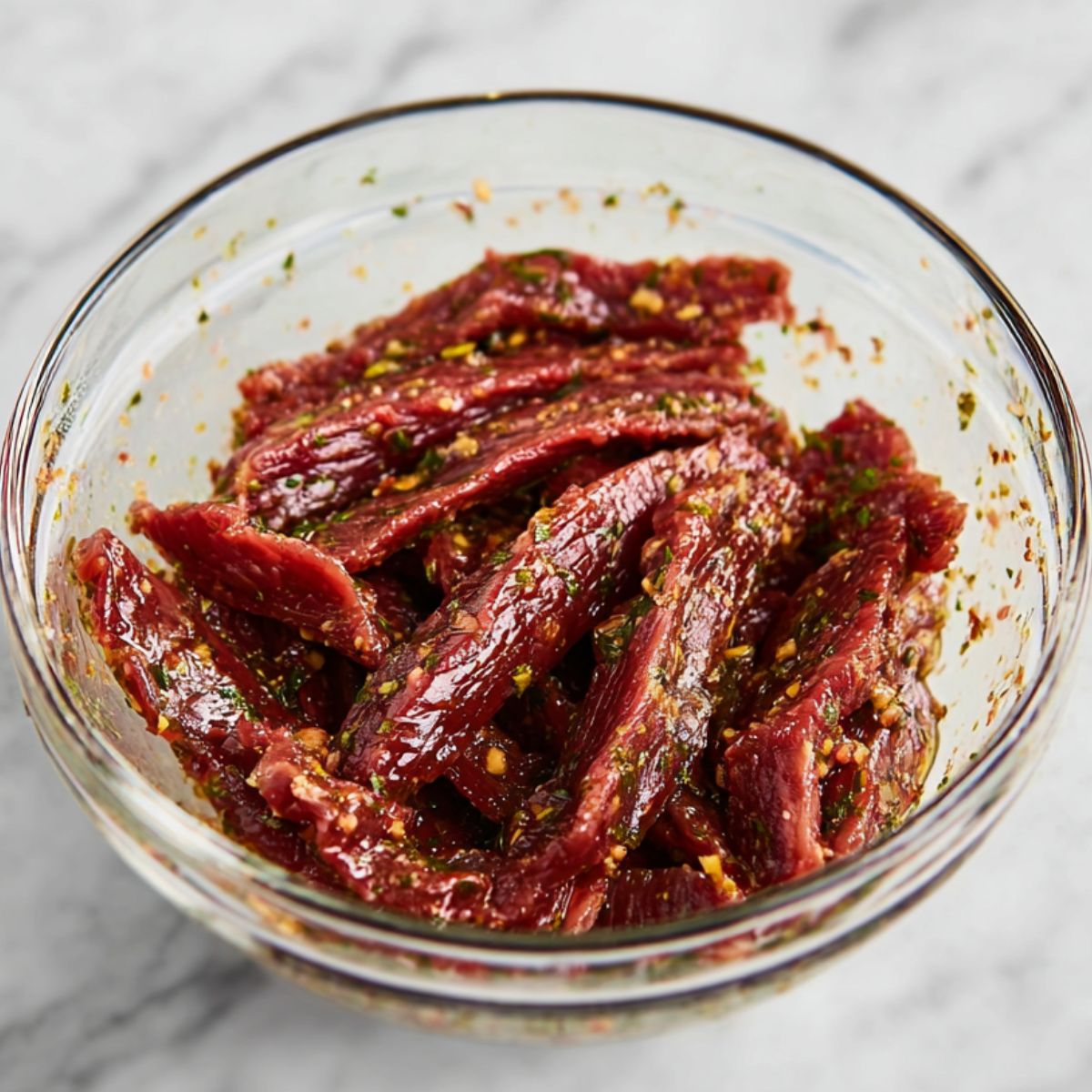 Close-up of marinated beef strips in a glass bowl, coated with a fragrant marinade. The beef is seasoned with a mixture of herbs and spices, making it ready for cooking. The vibrant red color of the beef contrasts with the fresh herbs, offering a glimpse of the rich, flavorful meal about to be prepared.