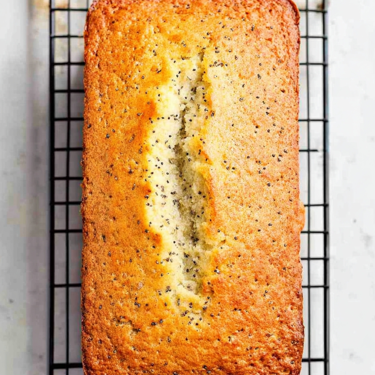 Freshly baked lemon poppy seed loaf cooling on a wire rack, with a golden crust and cracked top.