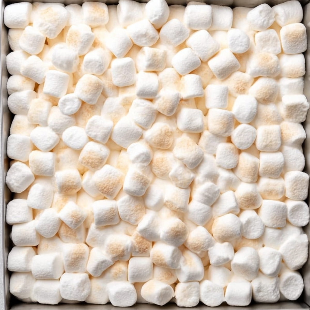 Top-down view of mini marshmallows tightly packed in a square baking pan, lightly toasted with soft golden spots.