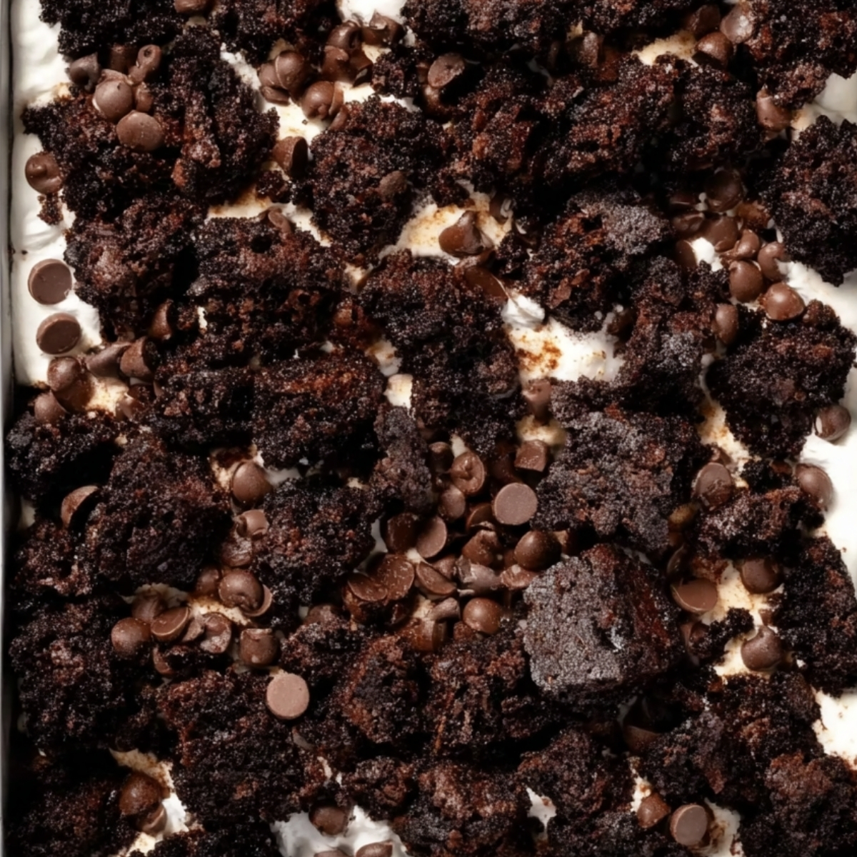 Overhead view of crumbled chocolate brownies and chocolate chips scattered over a soft marshmallow layer in a square metal baking pan.