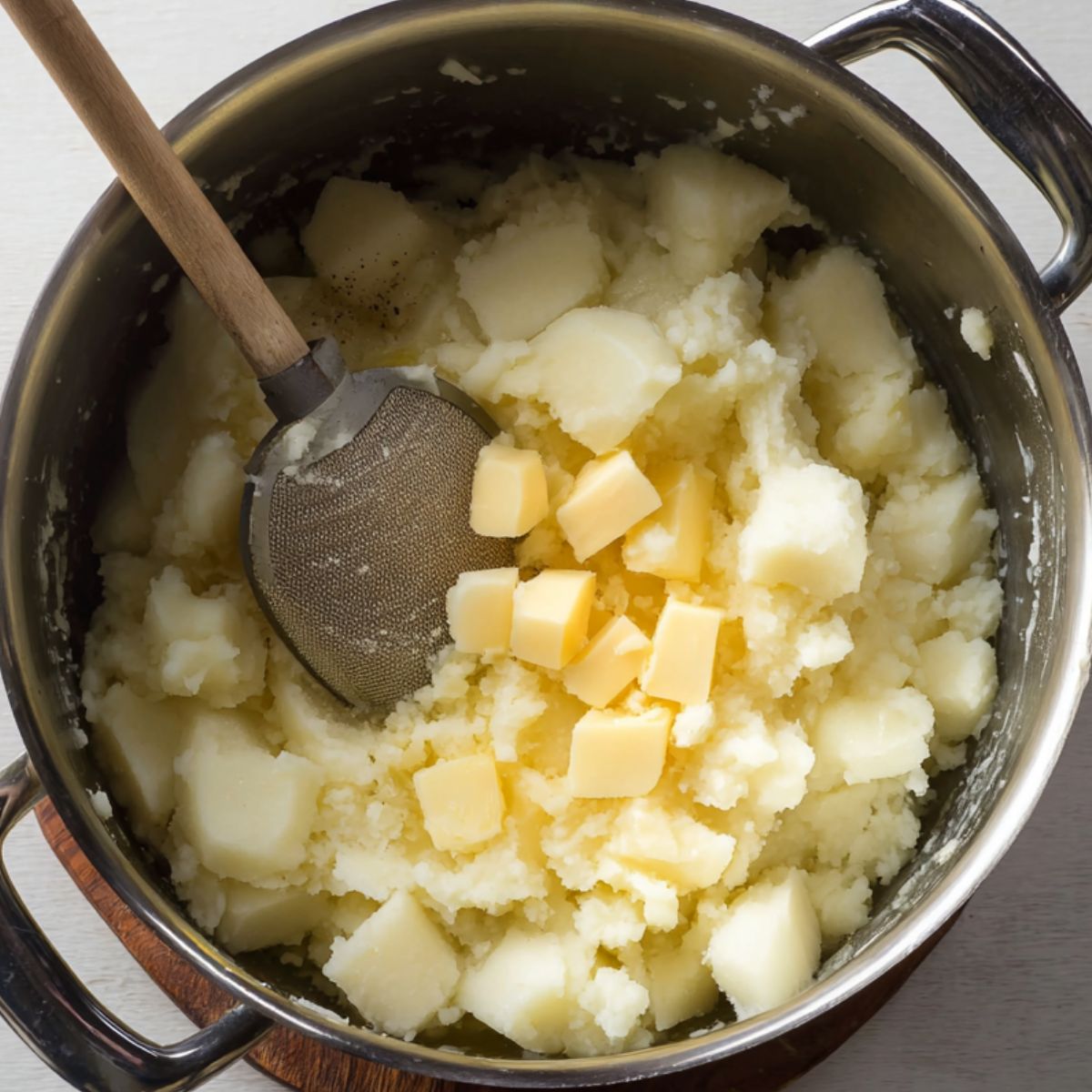 Begin by boiling your potatoes in a pot, then add generous cubes of butter to the hot potatoes. As the butter begins to melt, use a potato masher to break down the potatoes into a smooth and creamy texture. This step is crucial for achieving the perfect mashed potatoes that are rich, velvety, and full of flavor.