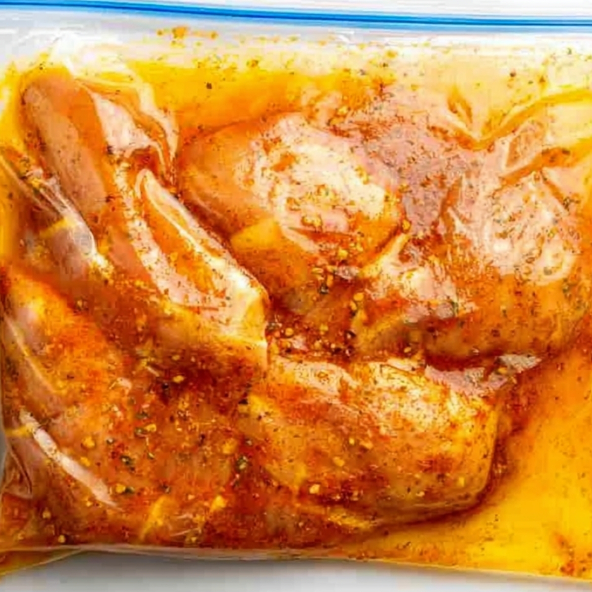 Raw chicken breasts marinating in a bright orange Mexican spice marinade inside a clear zip-top plastic bag.