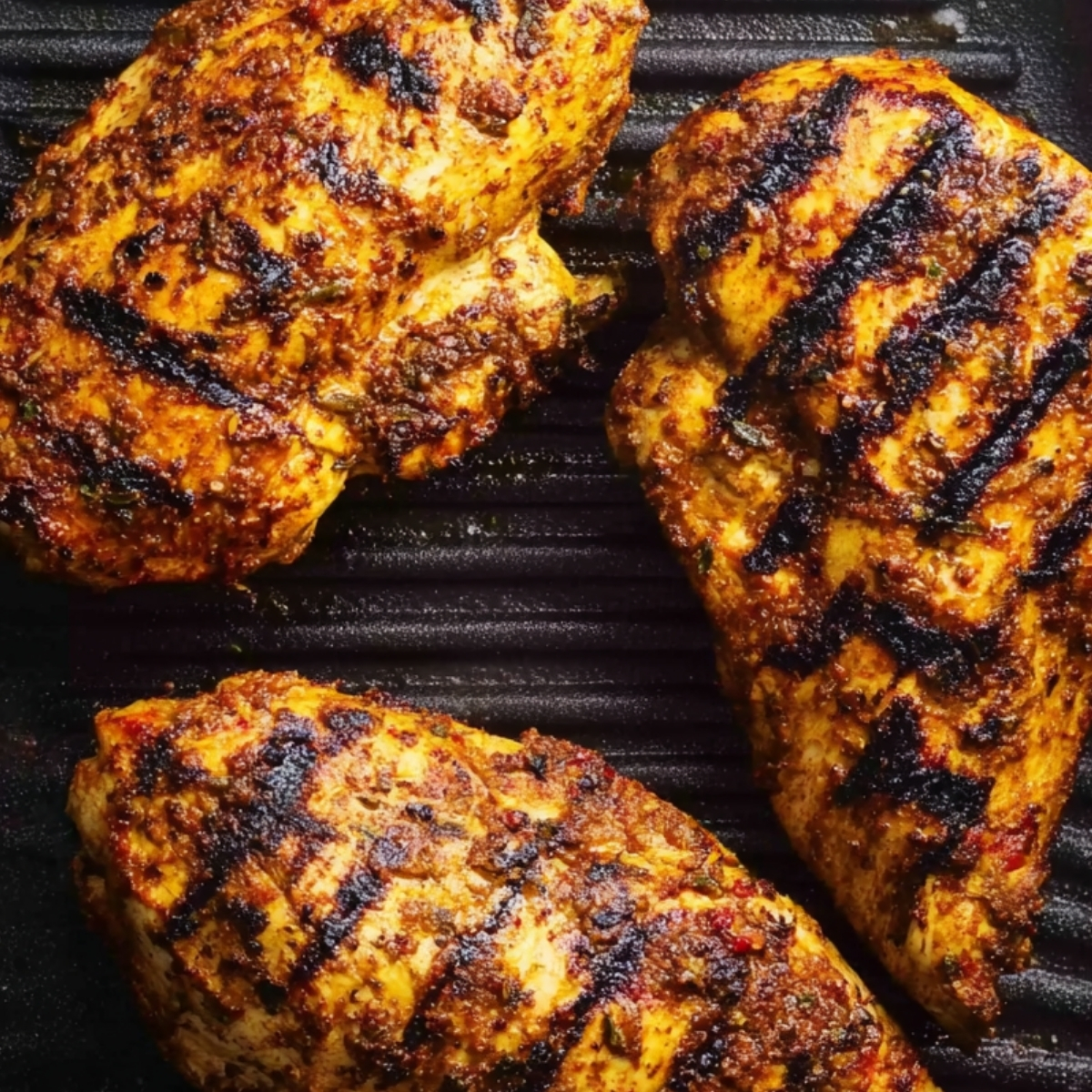 Mexican-spiced grilled chicken breasts cooking on a ridged grill pan with dark char marks and golden seasoning.
