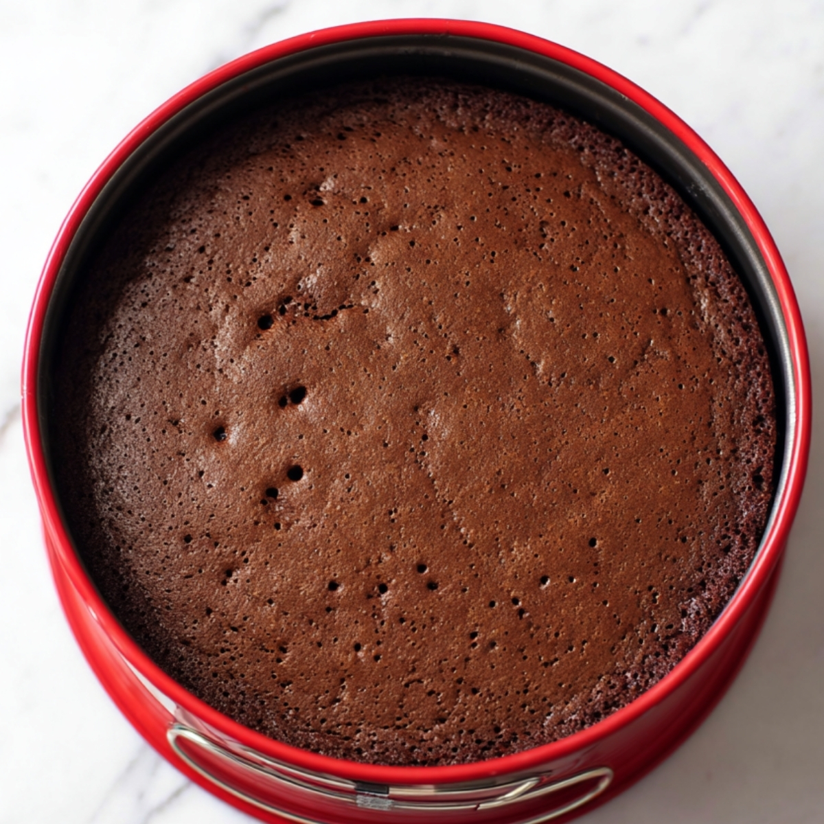 Freshly baked chocolate brownie base in a red springform pan, cooled and ready for the next layer.