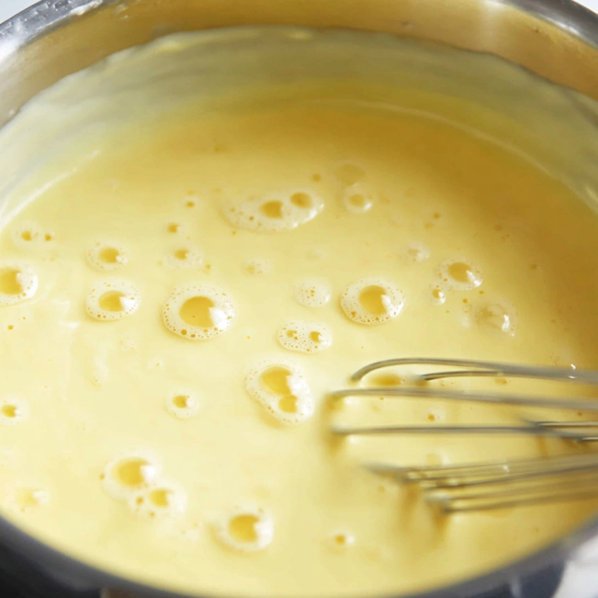 Creamy yellow custard cooking in a stainless steel saucepan, gently bubbling while being whisked on the stovetop.