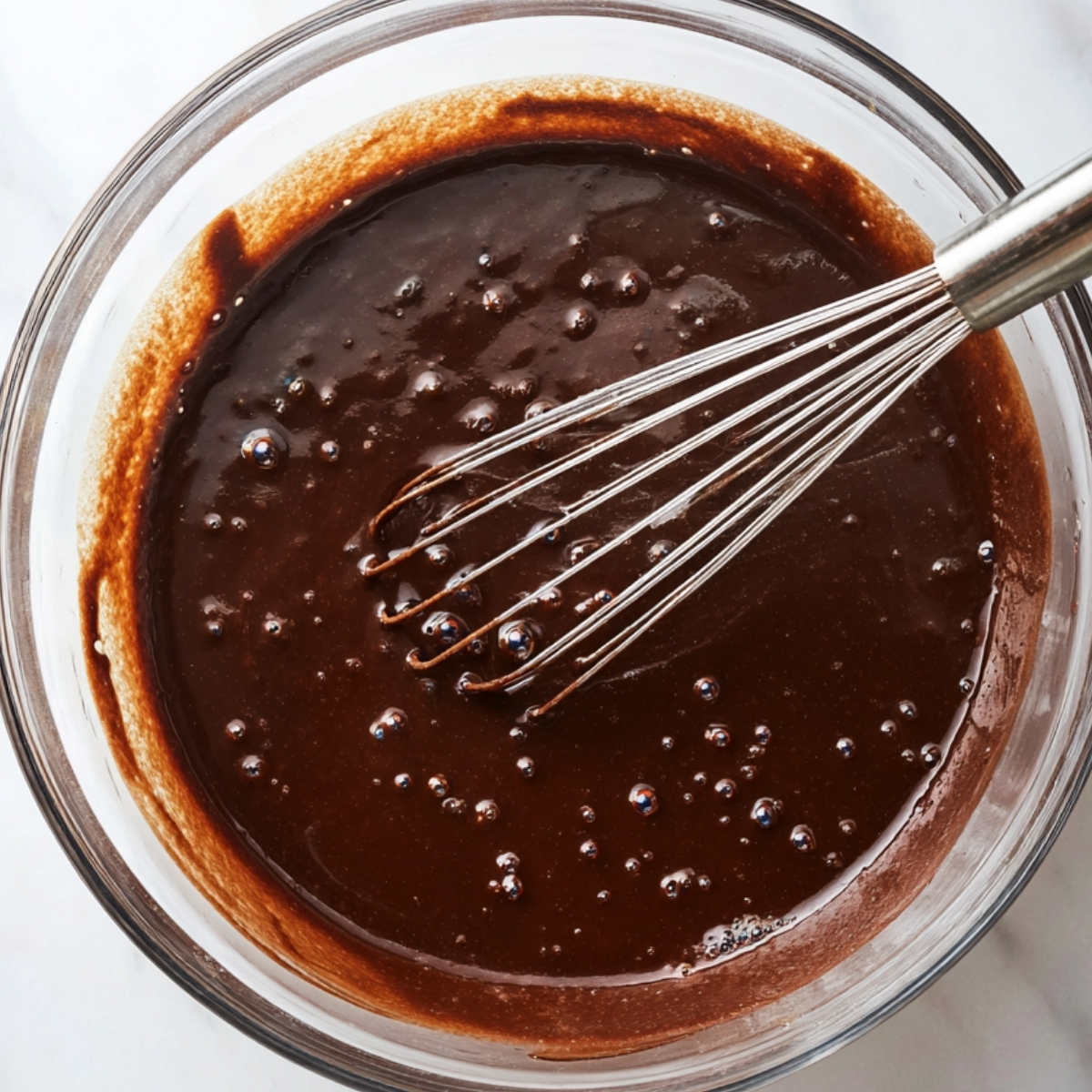 Glossy chocolate mixture being whisked in a glass bowl, showing a smooth, rich texture with small bubbles.