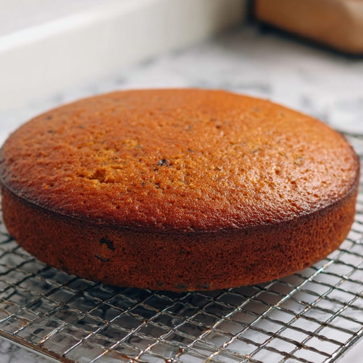 A freshly baked date cake cooling on a wire rack. The golden-brown color and even texture show it's been perfectly baked, ready for frosting or serving.