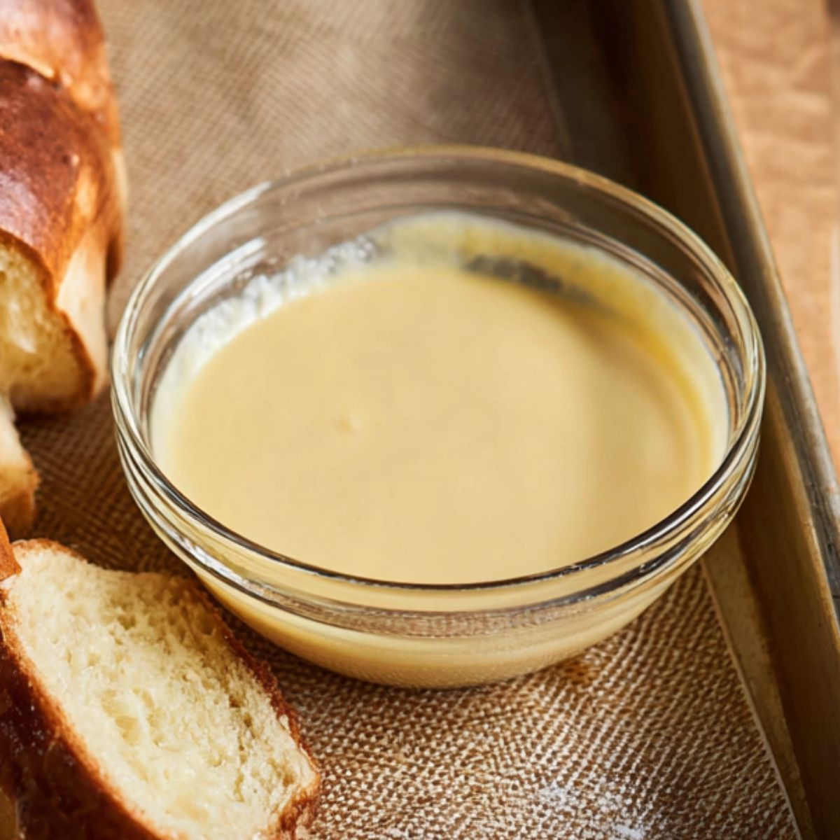 Slices of brioche bread arranged on a metal baking tray next to a glass bowl filled with pale yellow custard on a wooden countertop.