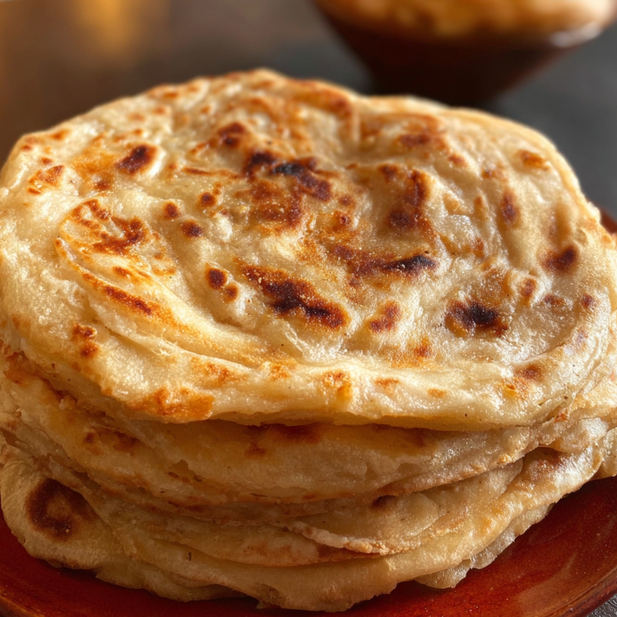 Highlight the beauty of a stack of freshly made parottas, showcasing their golden, crispy texture and soft, layered interior. These warm flatbreads are the perfect accompaniment to any meal, offering both comfort and flavor