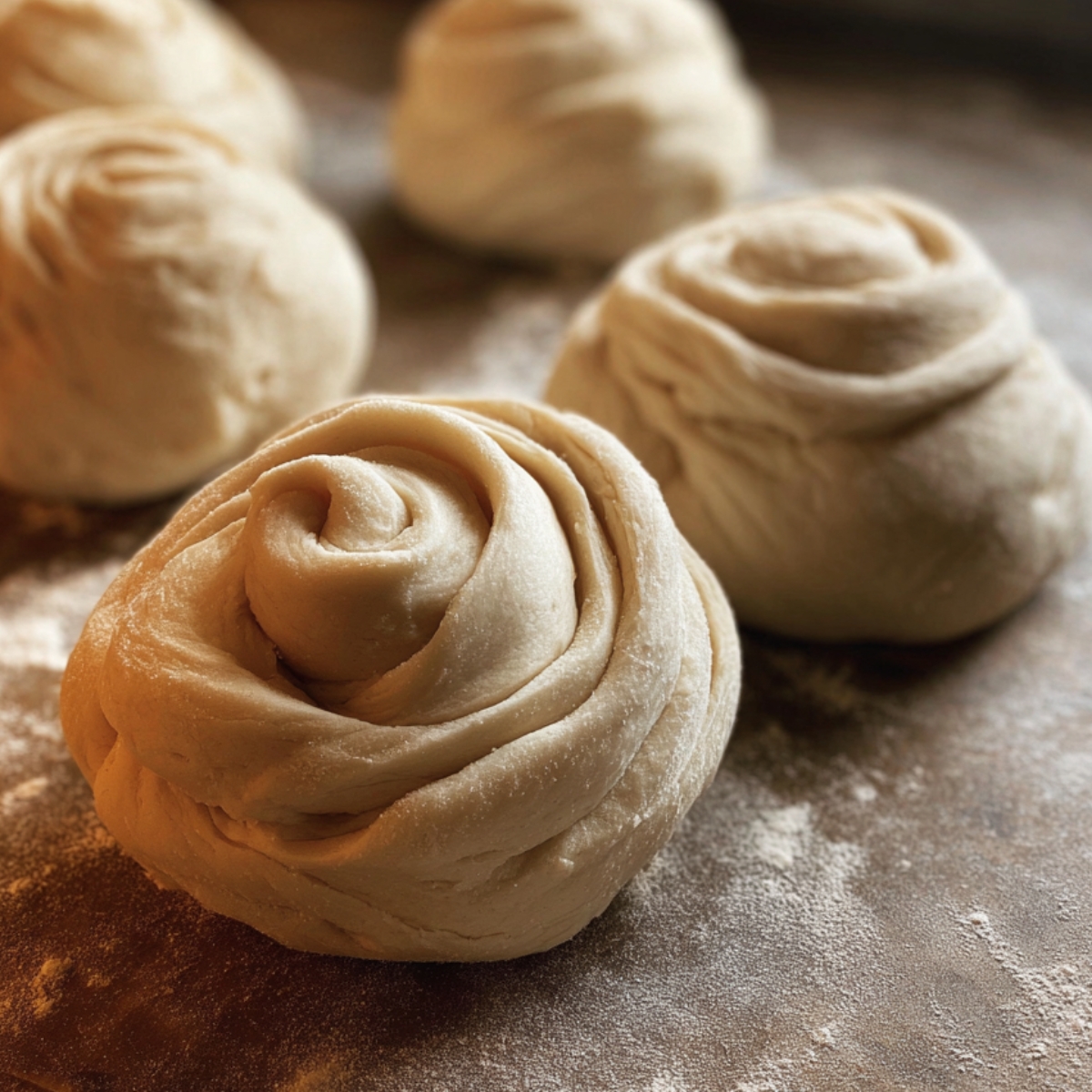 Showcase the delicate art of shaping dough into spiral rolls, ready to be transformed into flaky, layered parottas. The dough's soft texture and neat swirling motion promise a delicious result once it’s cooked
