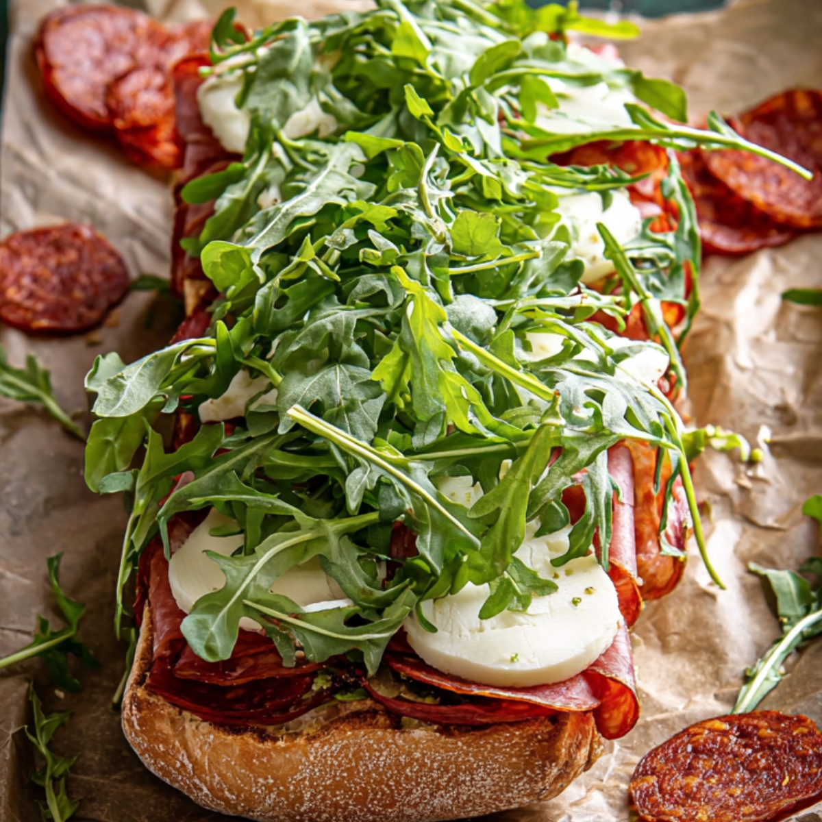 A fresh and vibrant Italian sandwich topped with a generous layer of arugula, mozzarella cheese, and crispy pepperoni. The sandwich is served on hearty, rustic bread, creating a perfect balance of freshness from the greens and richness from the deli meats and cheese.