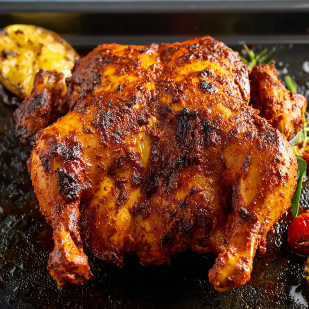 A beautifully roasted peri-peri chicken with a perfectly crispy, golden-brown skin. The chicken is marinated in a spicy peri-peri sauce, giving it a smoky, fiery flavor. It’s served with fresh herbs and charred lemon wedges, offering a bright, zesty contrast to the rich, savory chicken.